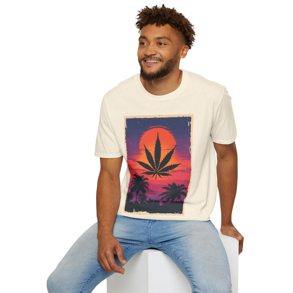 Cannabis Sunset T-Shirt — Retro Palm Leaf Marijuana Graphic Tee