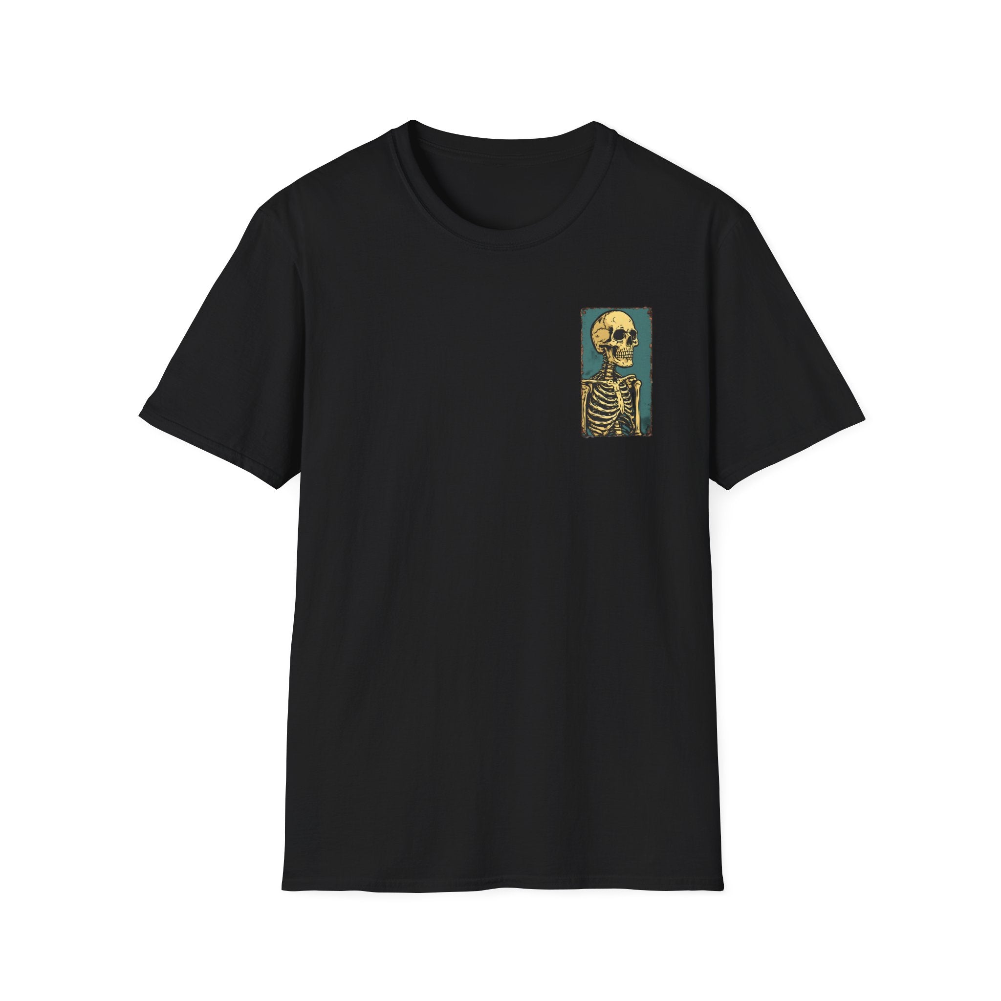 Vintage Yellow Skeleton Pocket T‑Shirt — Retro Anatomical Skull Tee