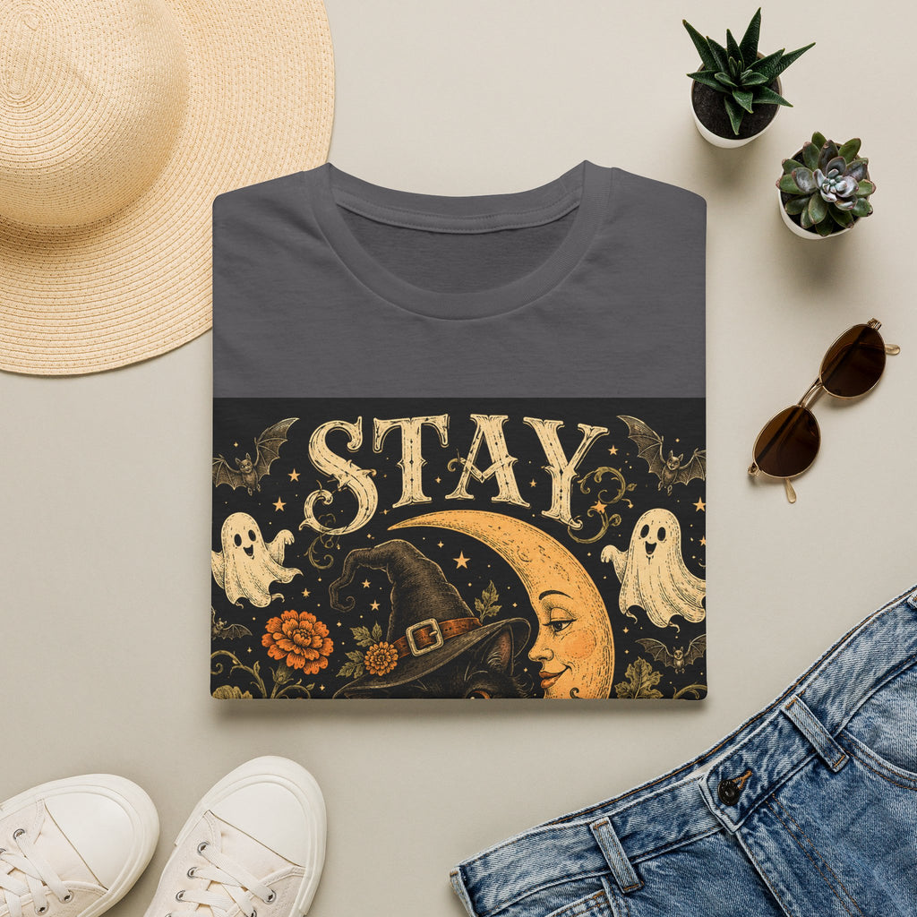 Halloween 'Stay Bewitched' T‑Shirt — Vintage Moon, Black Cat & Pumpkin Design