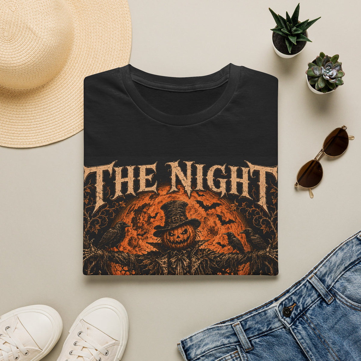 Halloween Scarecrow T-Shirt — "The Night Belongs To" Spooky Pumpkin Graphic