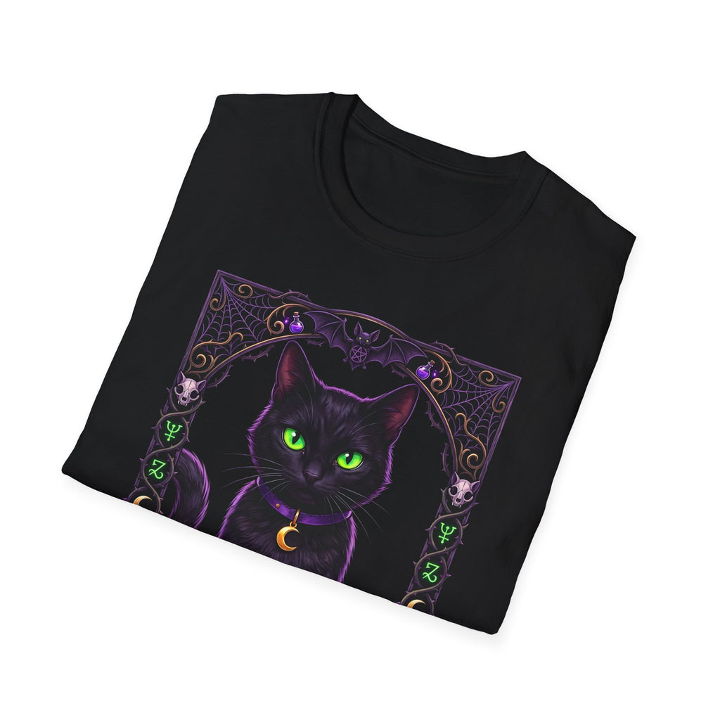 Mystic Black Cat T‑Shirt — Glowing Green Eyes Witchy Tee