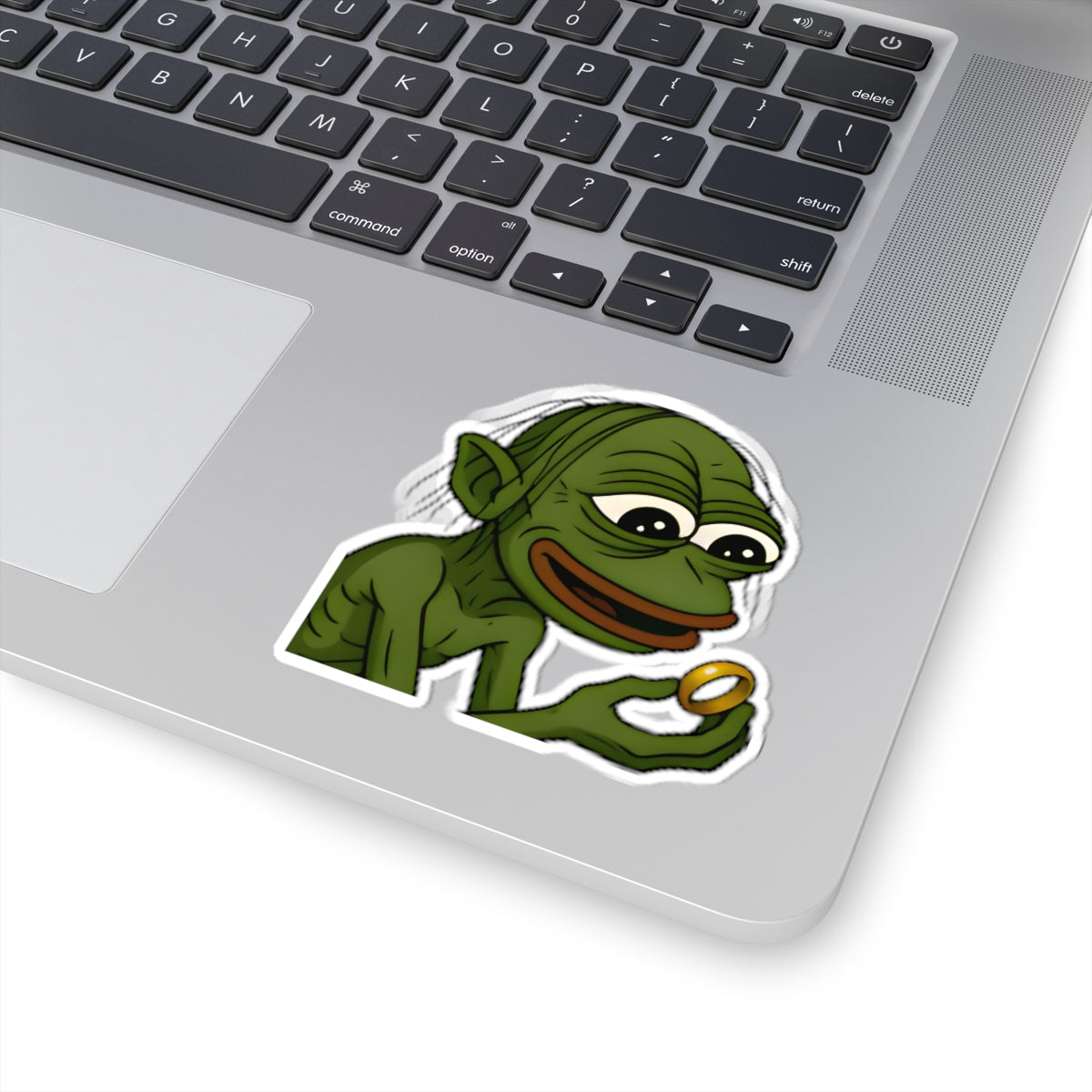 Pepe Gollum Sticker — Funny Green Character Holding Ring Kiss-Cut Sticker