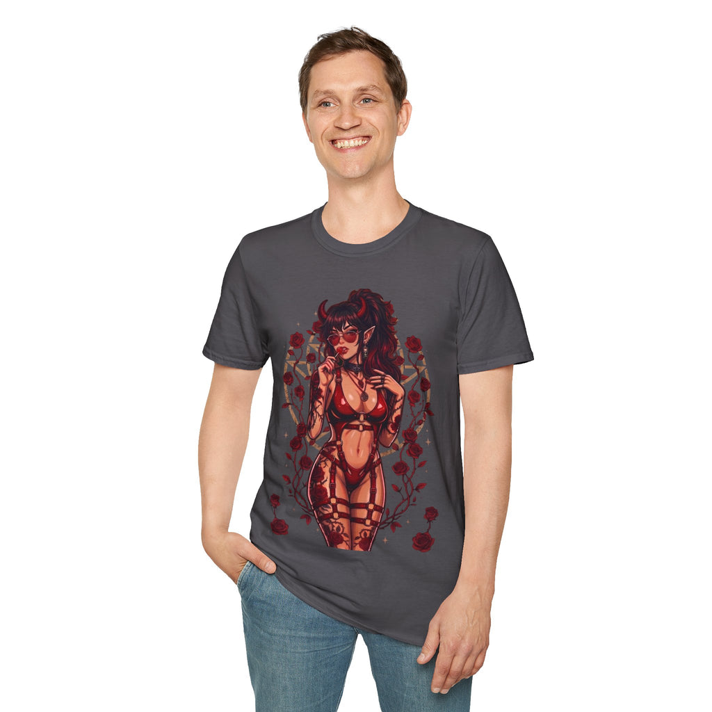 Sexy Succubus Tattoo Pin-Up Girl T Shirt - Rose Halo Graphic T-Shirt