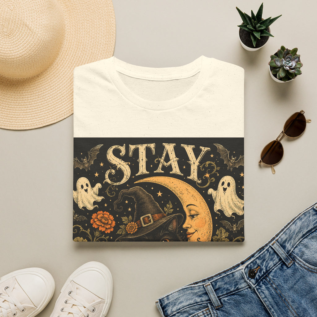 Halloween 'Stay Bewitched' T‑Shirt — Vintage Moon, Black Cat & Pumpkin Design
