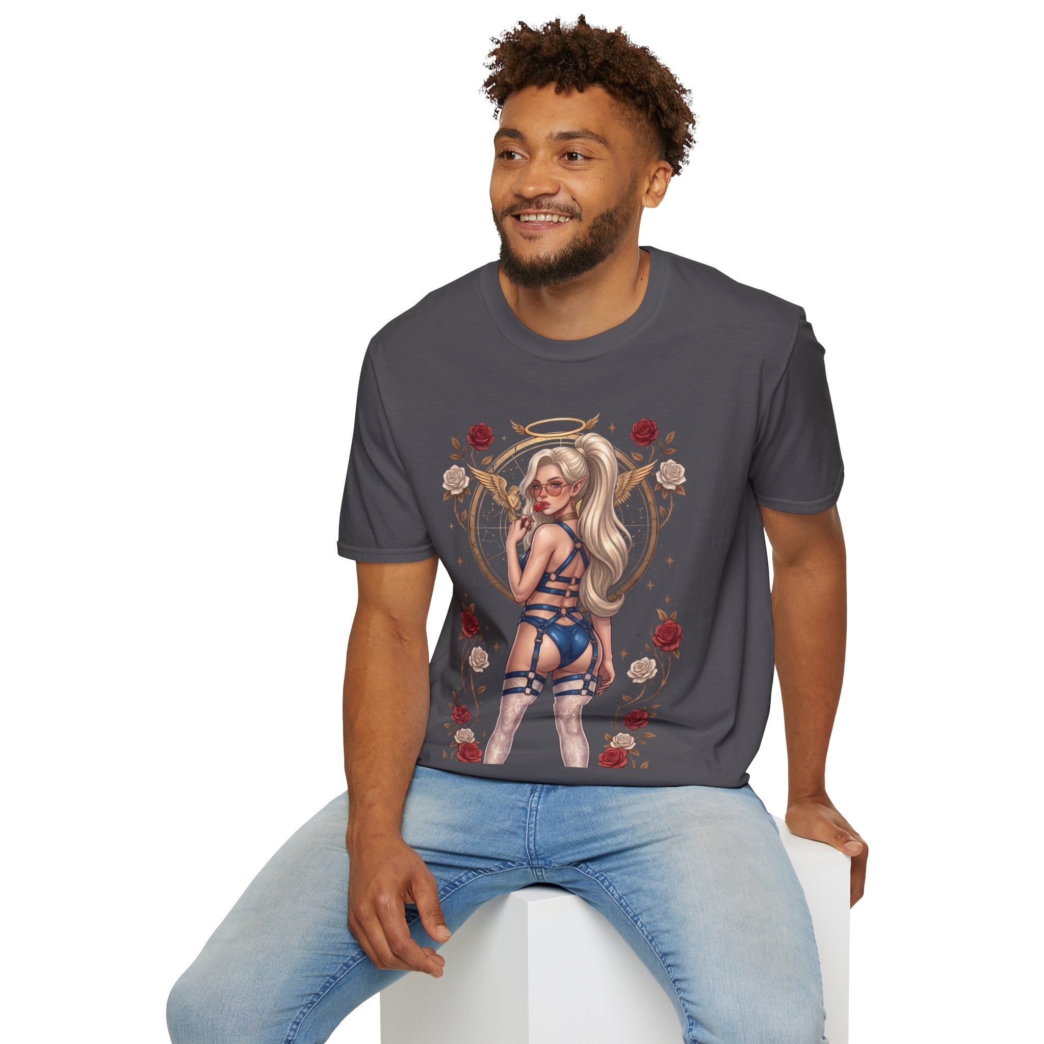 Sexy Angel Blonde Pin-Up Girl T Shirt - Rose Halo Graphic T-Shirt