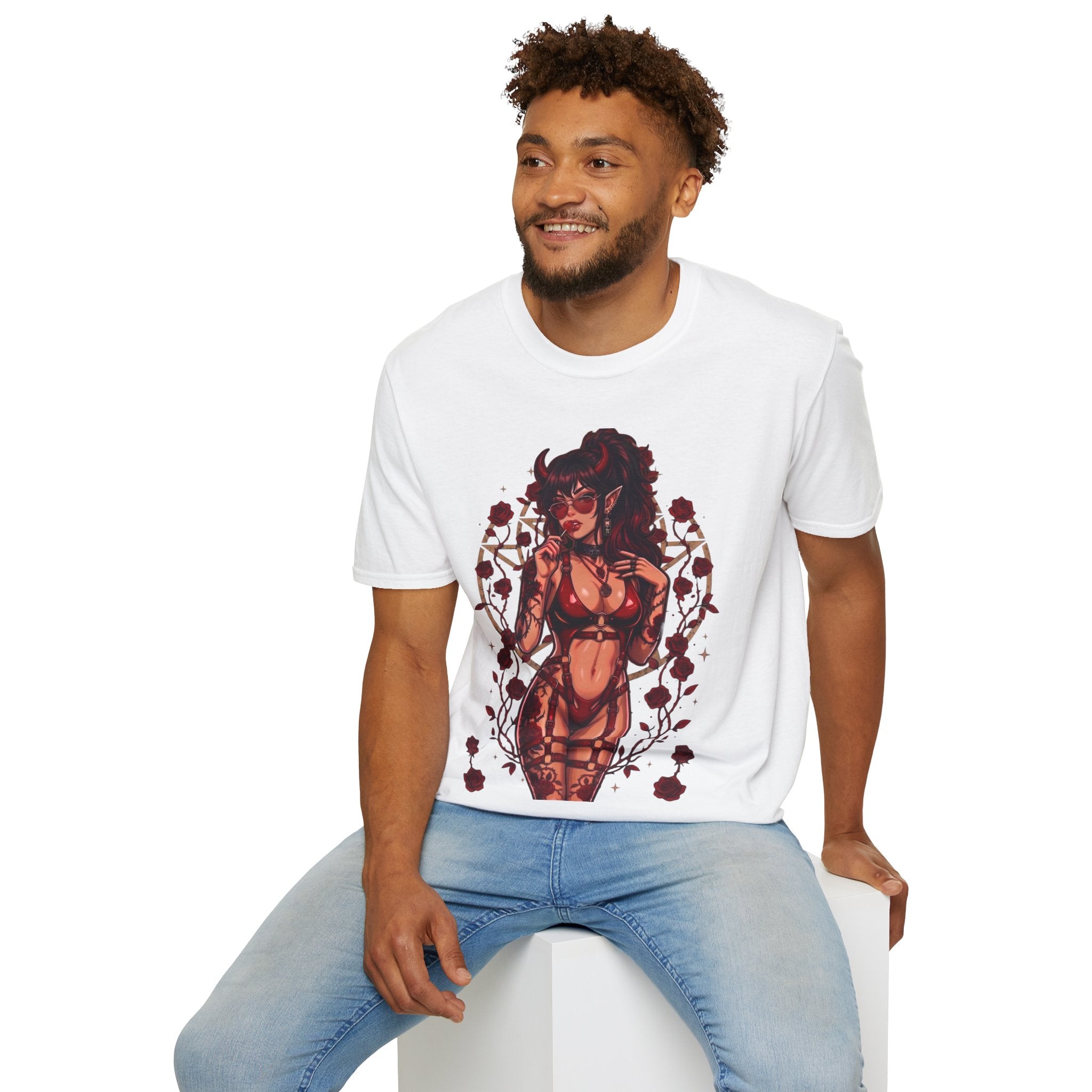 Sexy Succubus Tattoo Pin-Up Girl T Shirt - Rose Halo Graphic T-Shirt