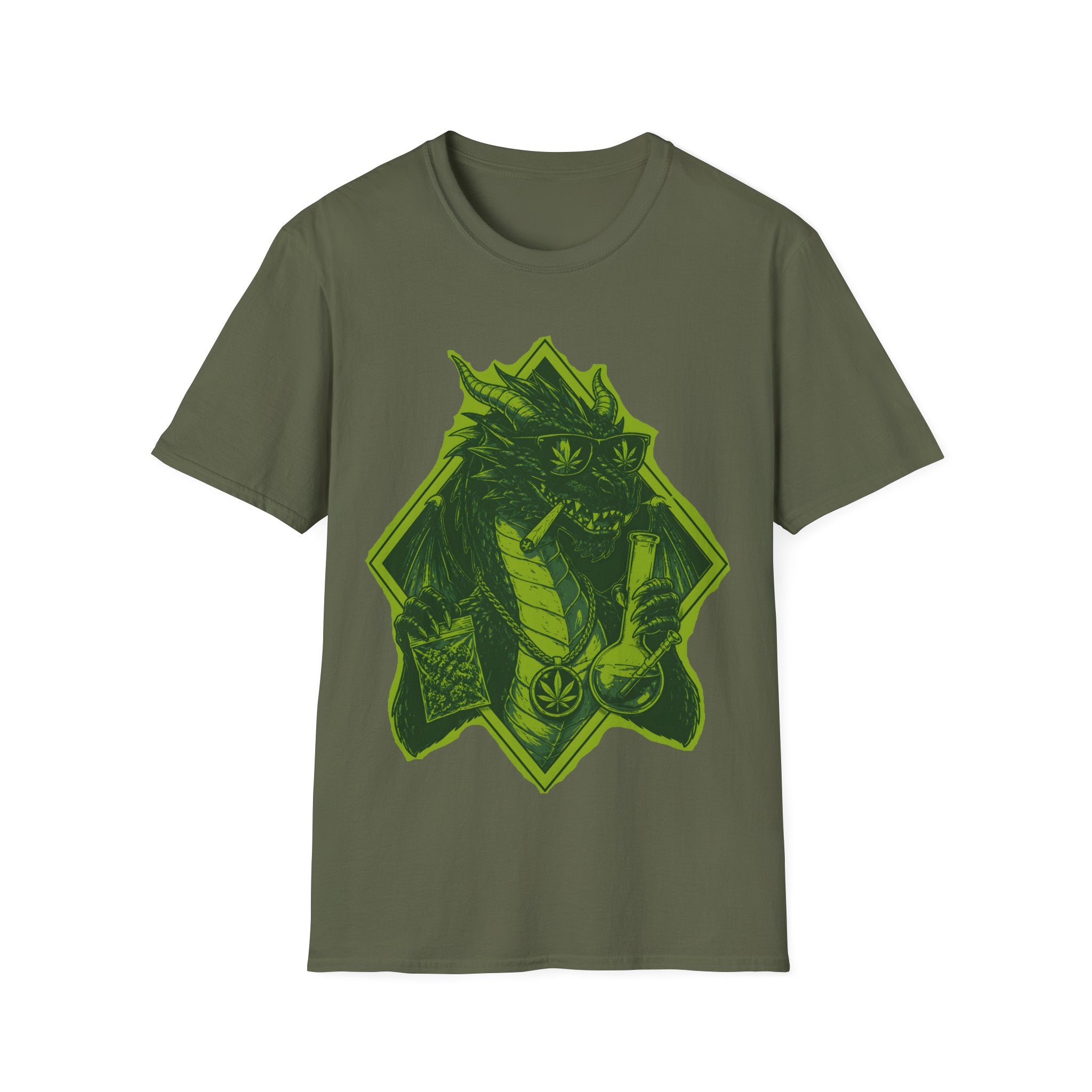 Dragon Lighter Graphic T-Shirt — Neon Green Dragon with Sunglasses