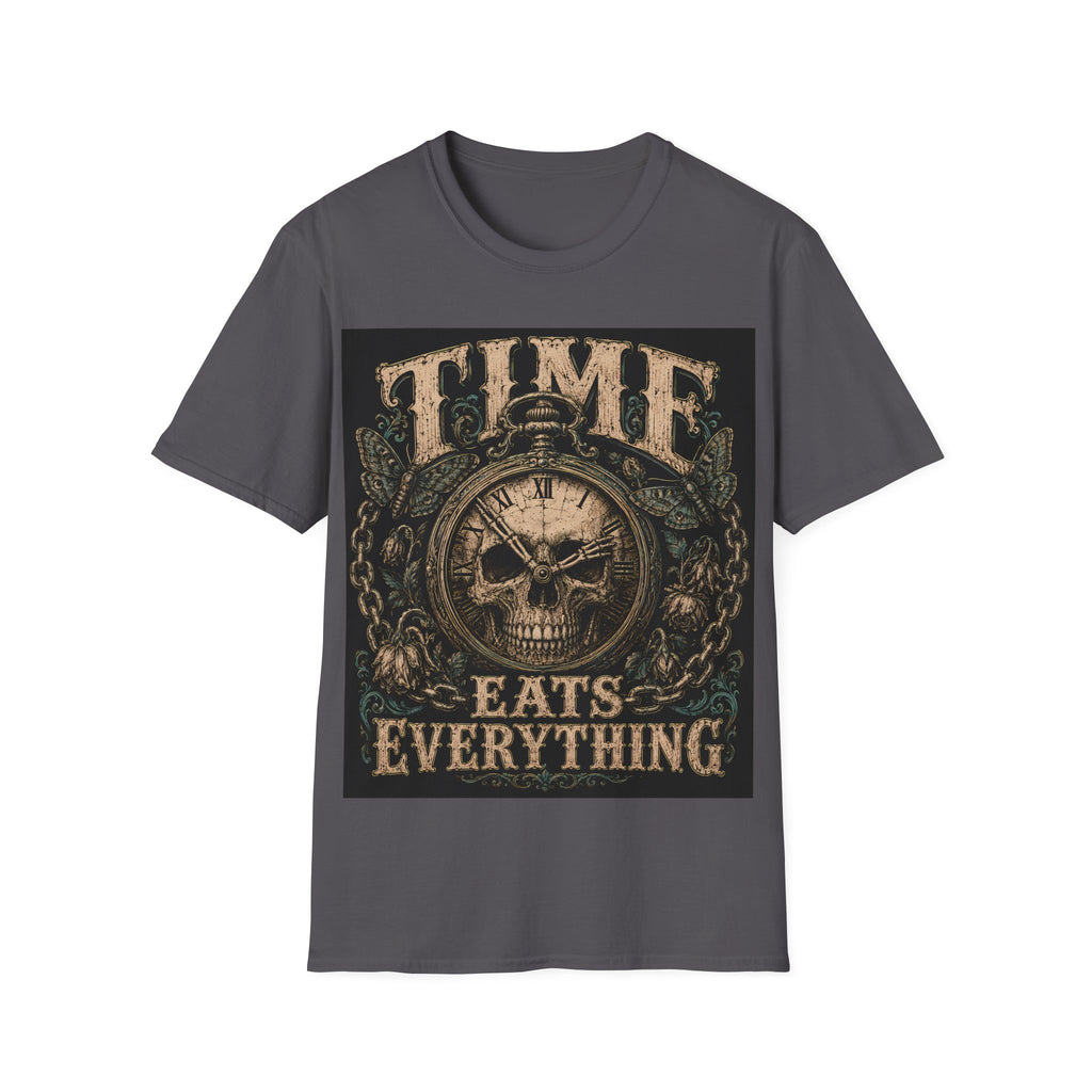 TIME Eats Everything T-Shirt — Vintage Clock & Skull Graphic Tee