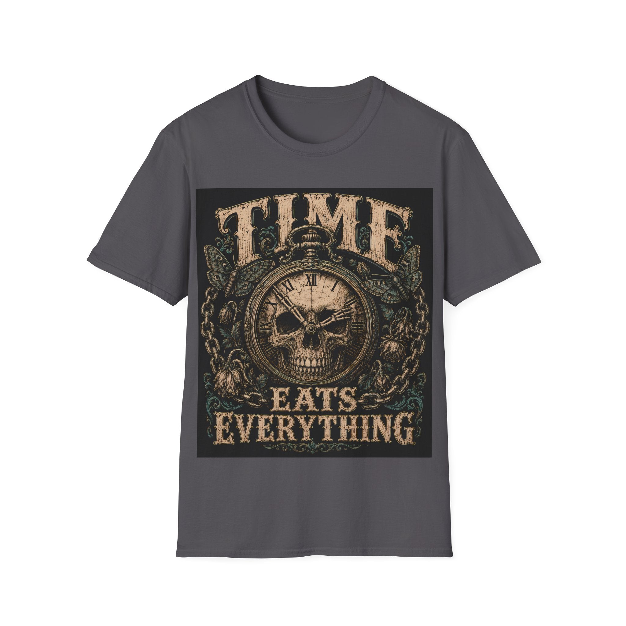 TIME Eats Everything T-Shirt — Vintage Clock & Skull Graphic Tee