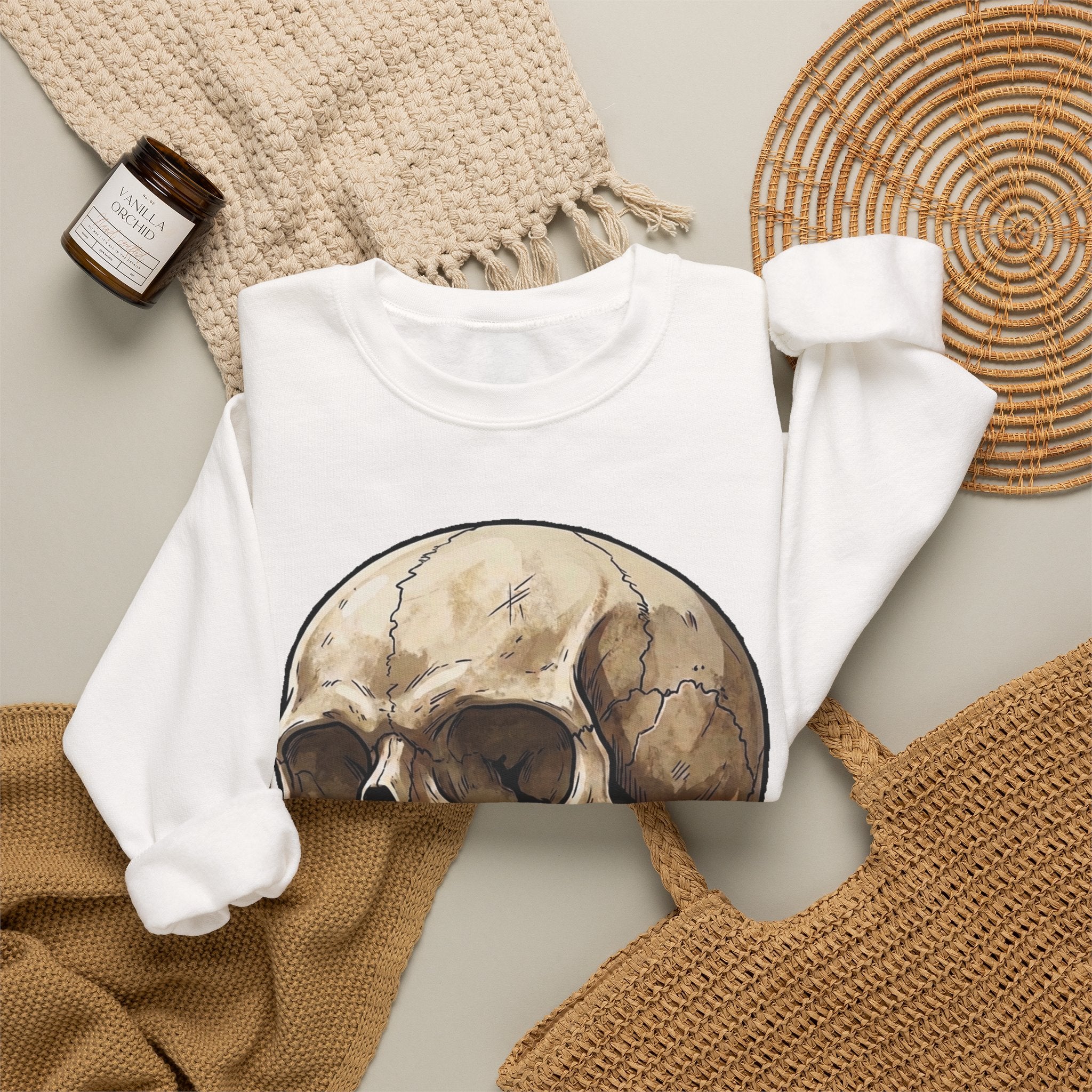 Skull Art Crewneck Sweatshirt — Vintage Anatomical Skull Graphic