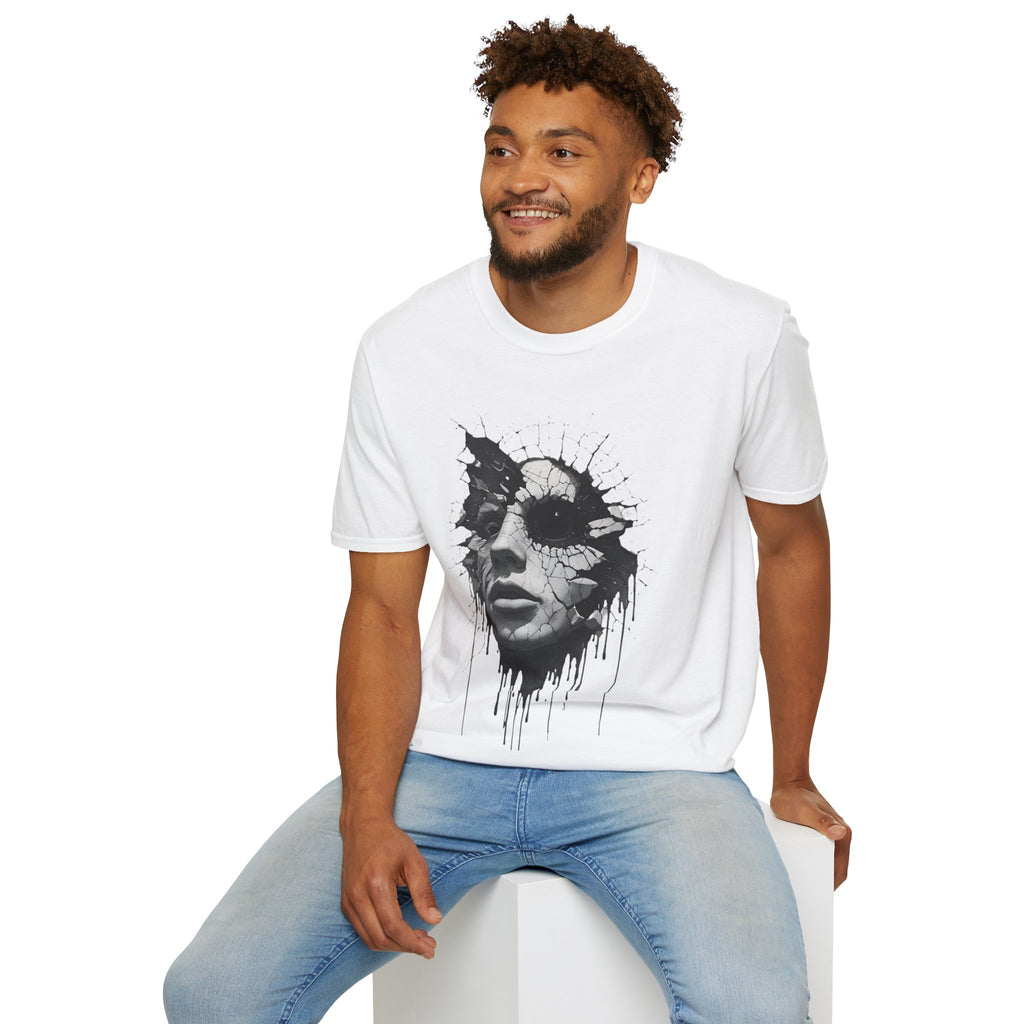 Abstract Shattered Face T-Shirt — Monochrome Drip Art Tee
