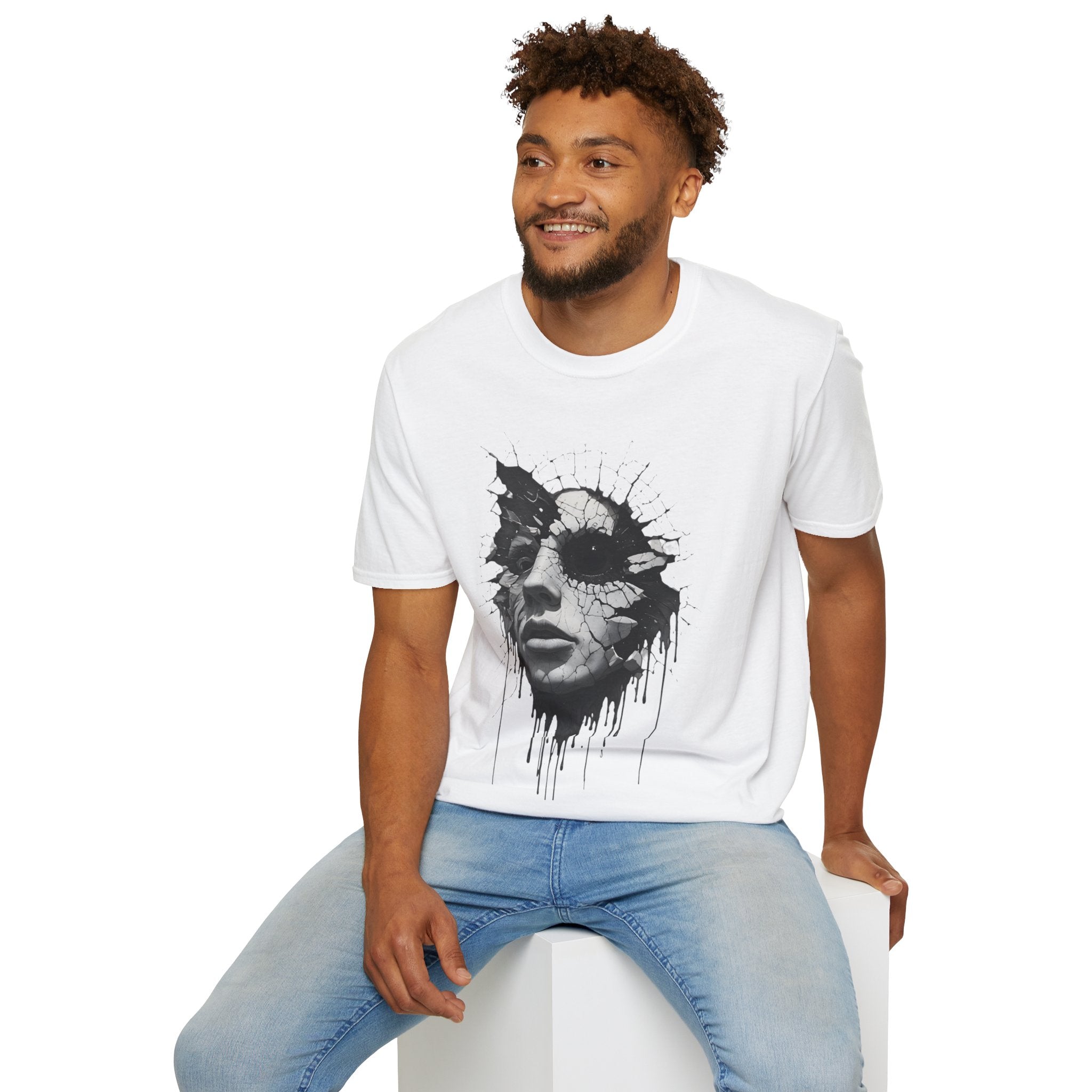 Abstract Shattered Face T-Shirt — Monochrome Drip Art Tee