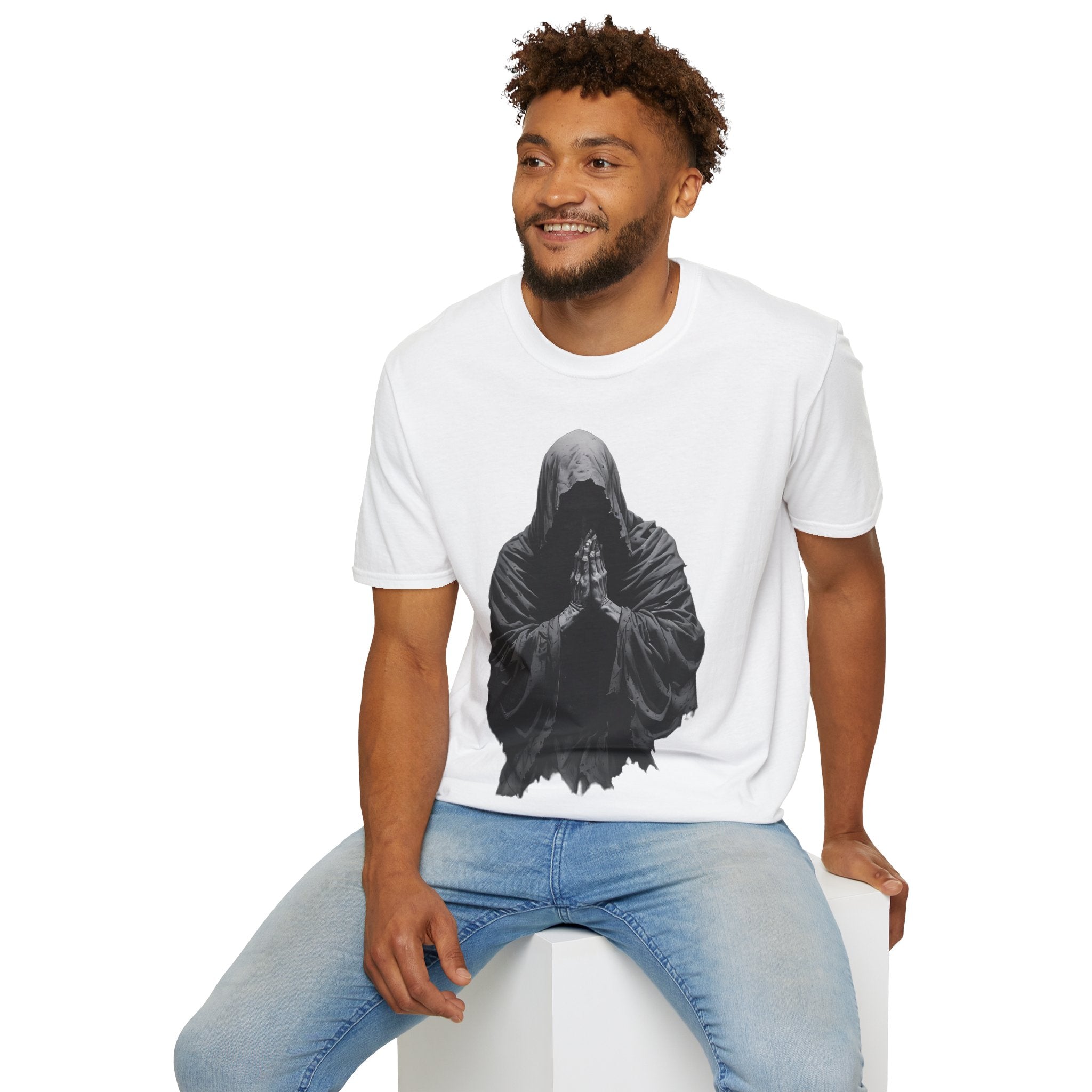 Hooded Figure Prayer T‑Shirt — Gothic Mystical Graphic Tee