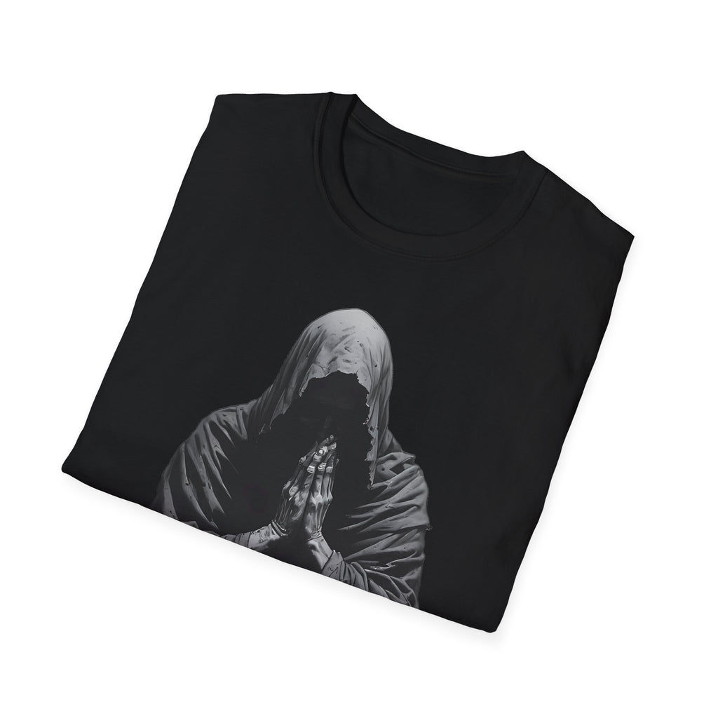 Hooded Figure Prayer T‑Shirt — Gothic Mystical Graphic Tee