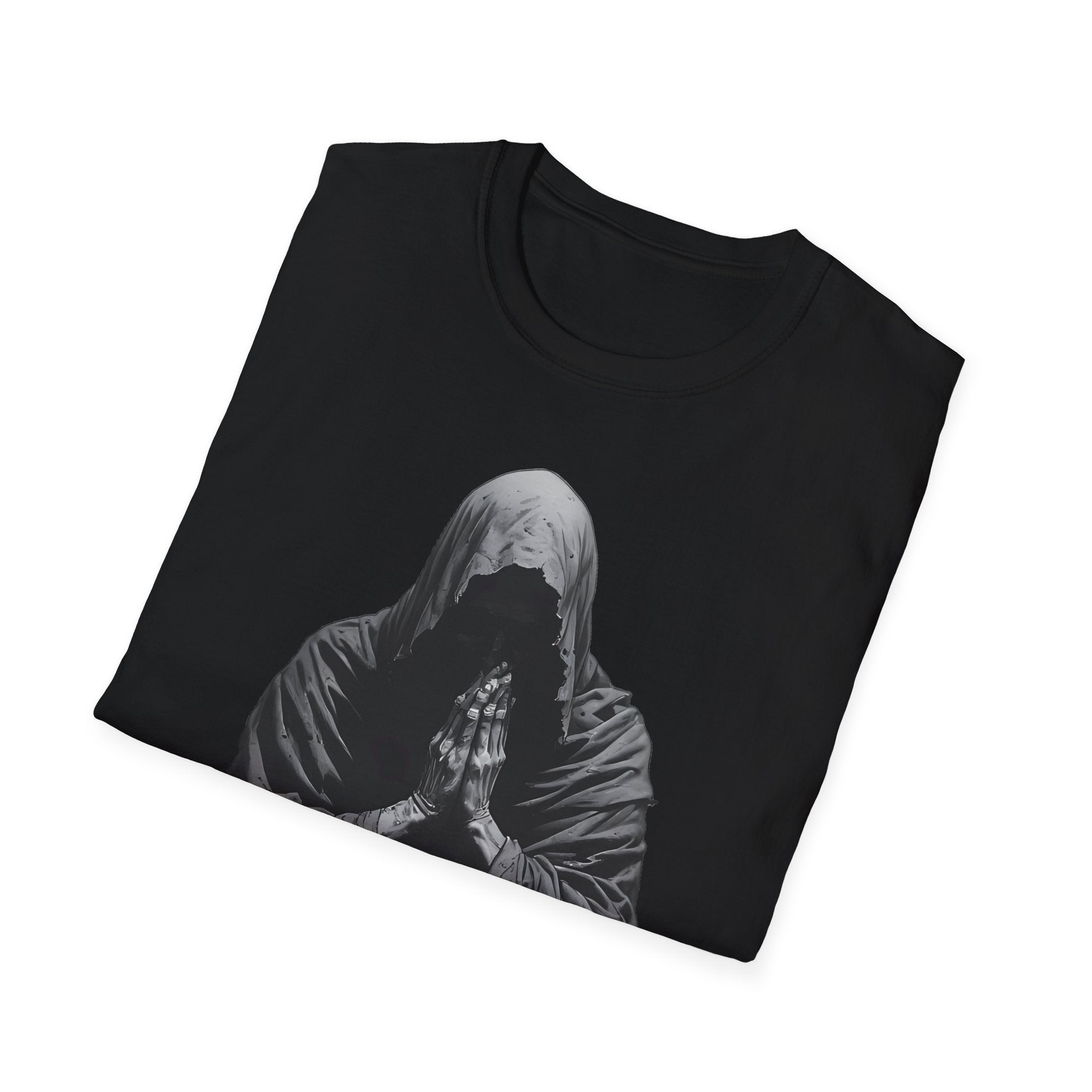 Hooded Figure Prayer T‑Shirt — Gothic Mystical Graphic Tee