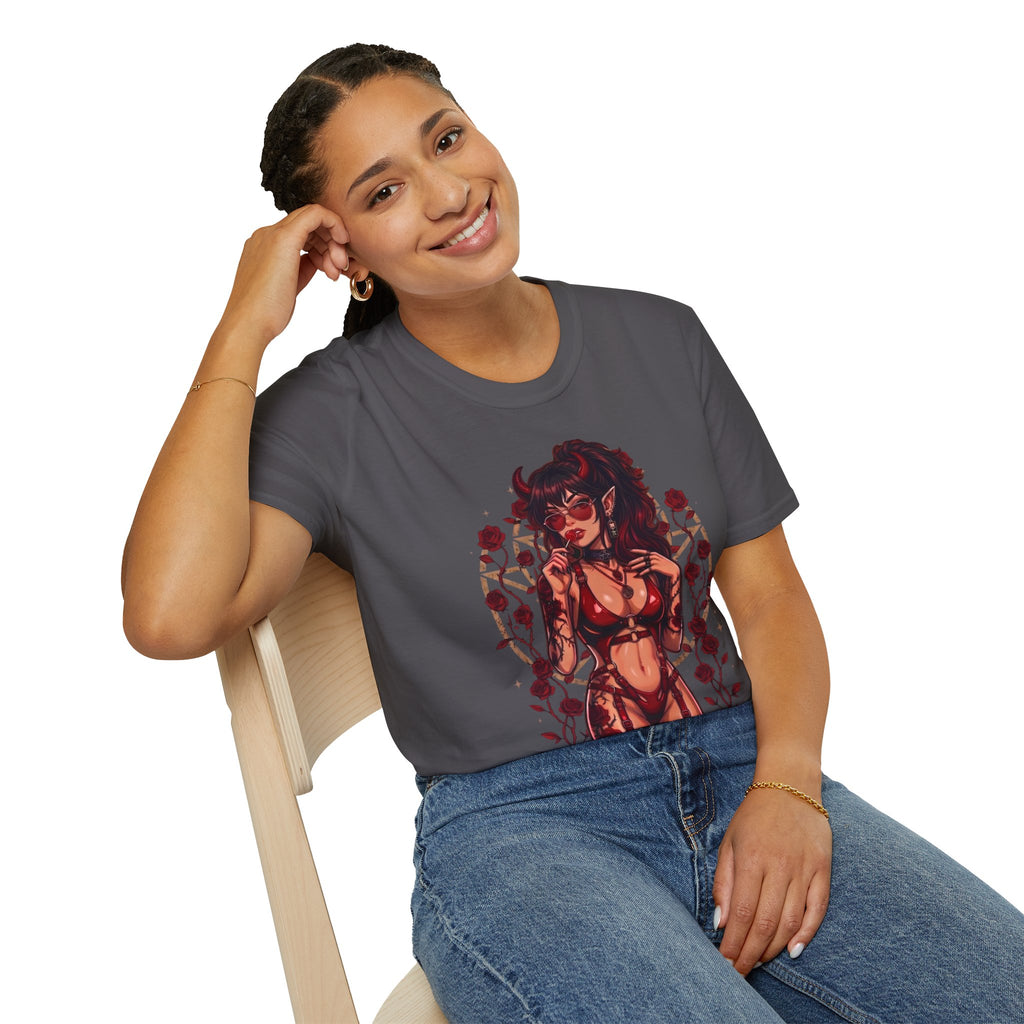Sexy Succubus Tattoo Pin-Up Girl T Shirt - Rose Halo Graphic T-Shirt