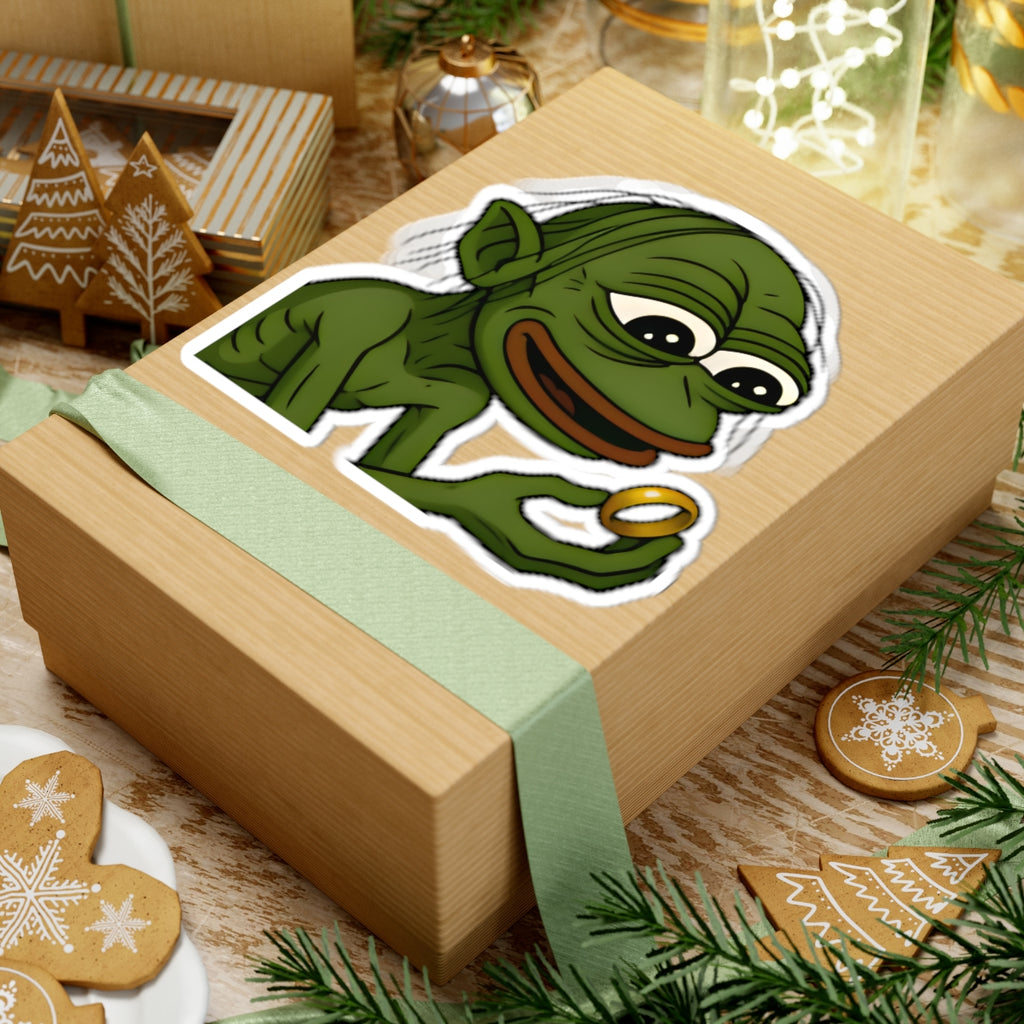Pepe Gollum Sticker — Funny Green Character Holding Ring Kiss-Cut Sticker