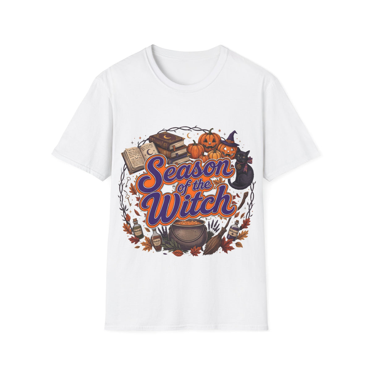 Season of the Witch Halloween T-Shirt — Pumpkin, Witch Hat & Spellbook Tee