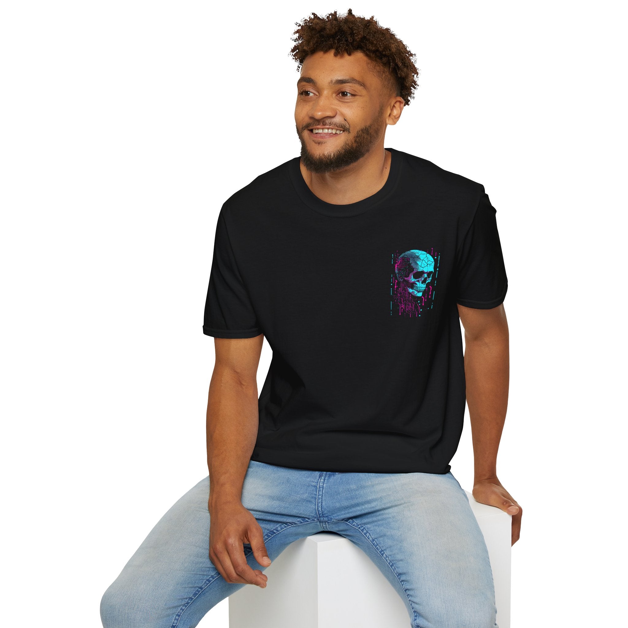 Skull Glitch T-Shirt — Neon Cyberpunk Pocket Graphic