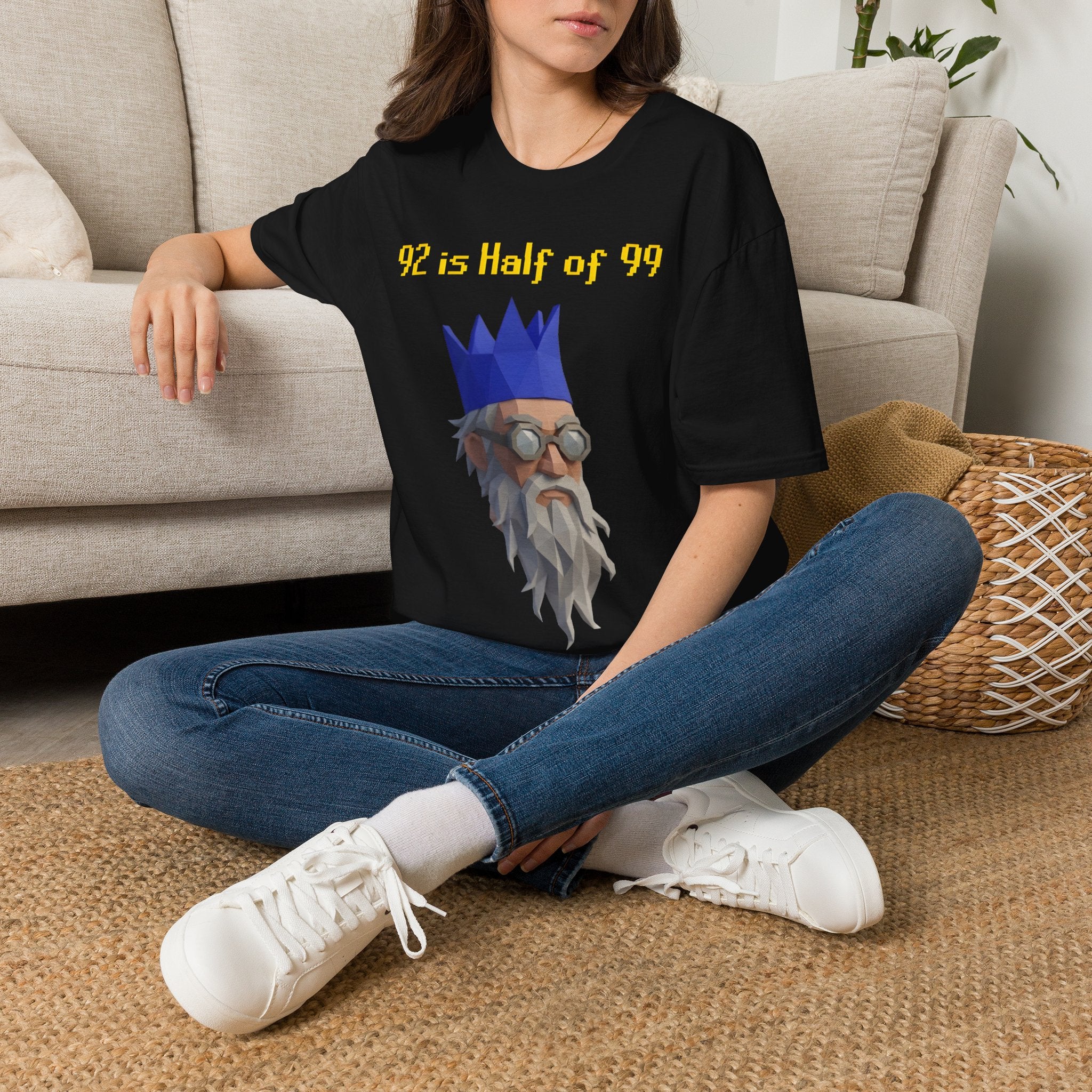 “92 is half of 99” Graphic T‑Shirt — Retro Pixel King Math Humor Tee