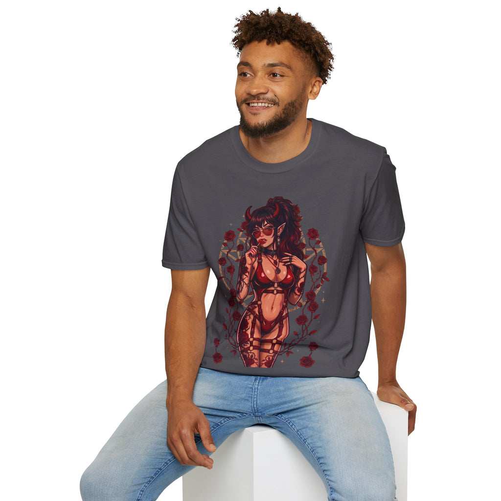 Sexy Succubus Tattoo Pin-Up Girl T Shirt - Rose Halo Graphic T-Shirt