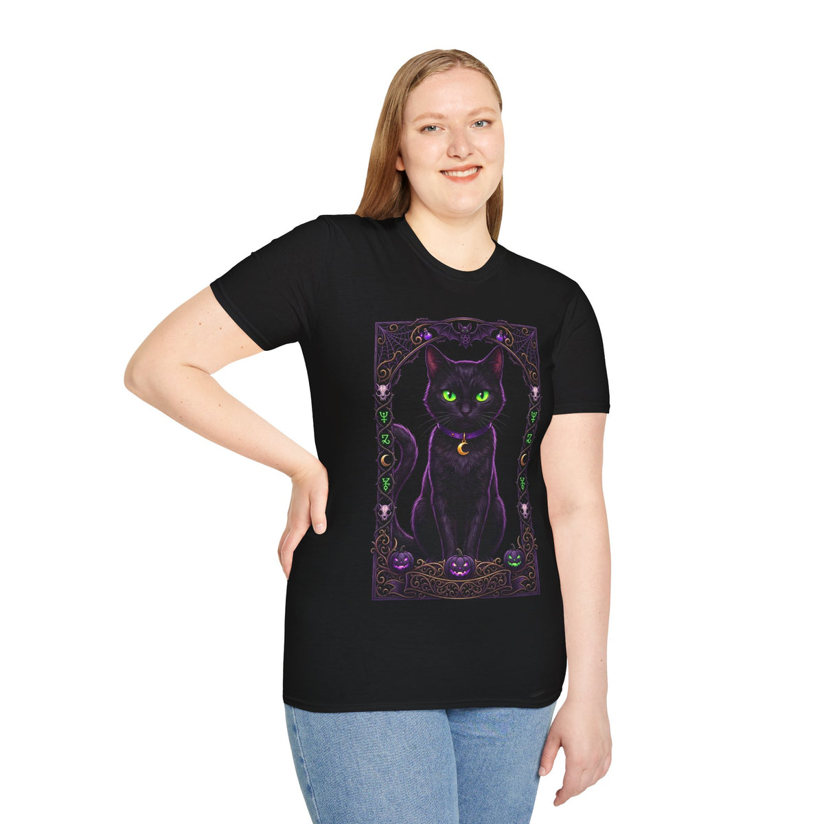 Mystic Black Cat T‑Shirt — Glowing Green Eyes Witchy Tee