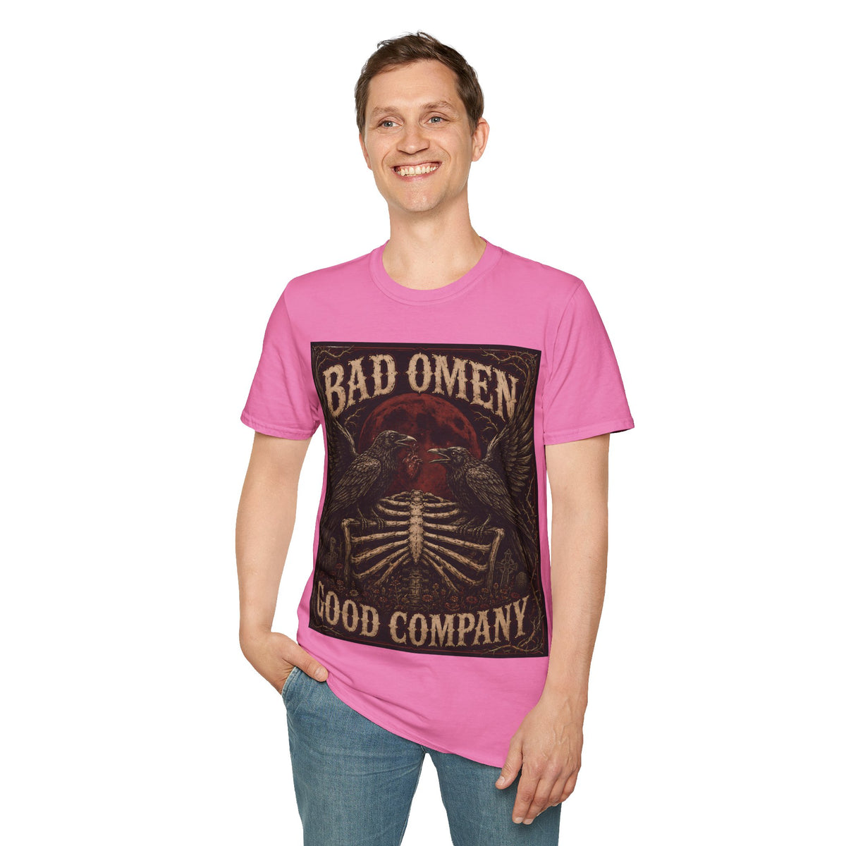 Bad Omen Graphic T‑Shirt — Gothic Raven Skeleton Retro Band Tee