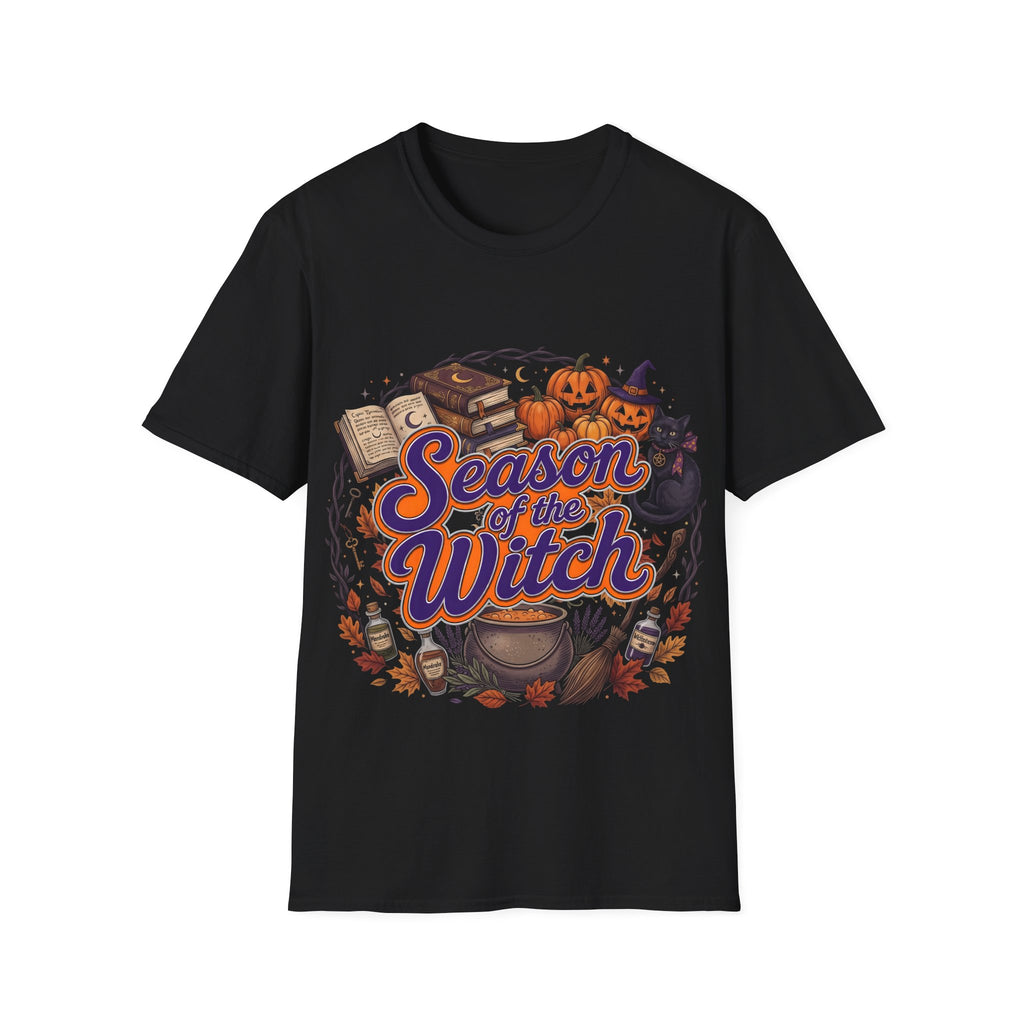 Season of the Witch Halloween T-Shirt — Pumpkin, Witch Hat & Spellbook Tee