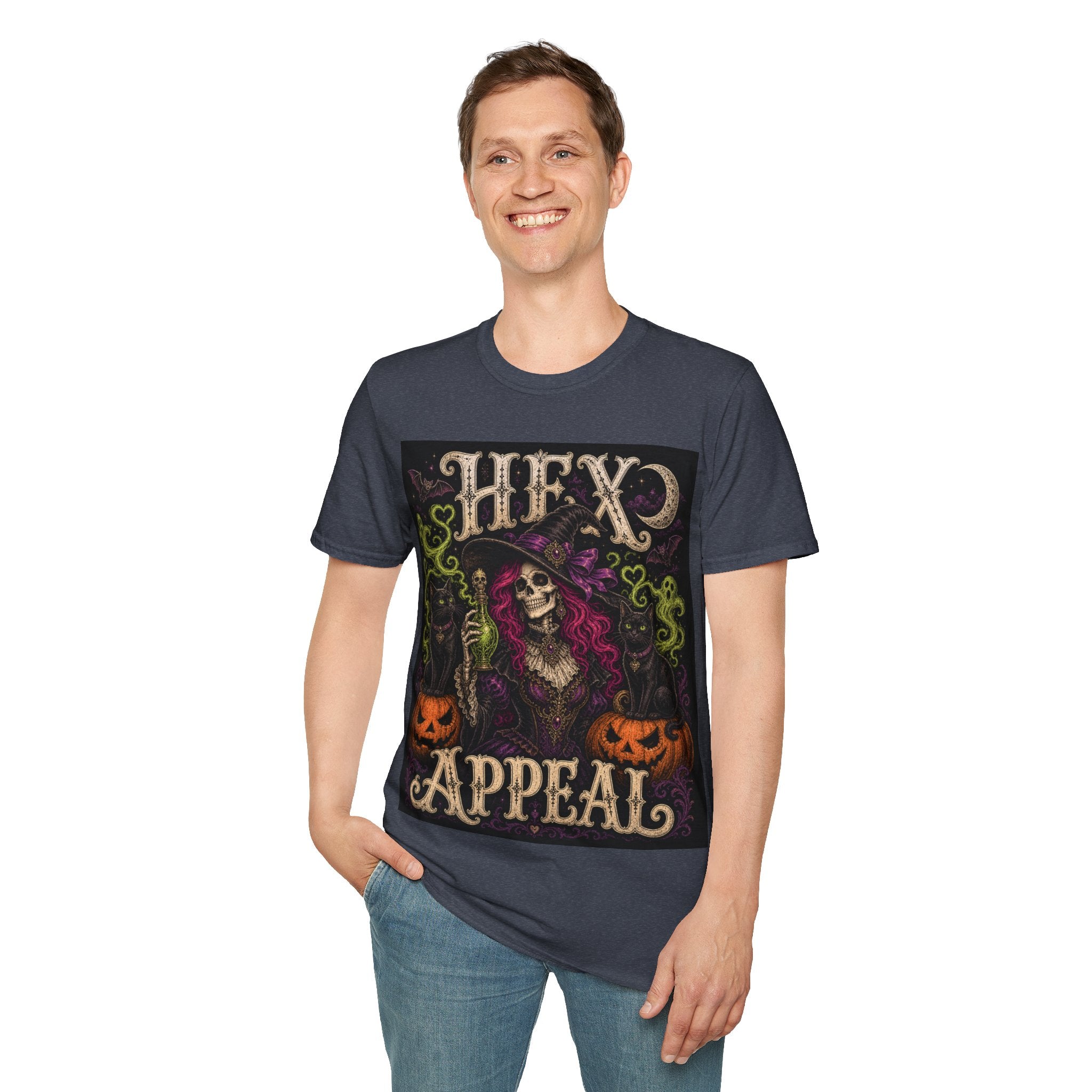 Witchy Halloween T‑Shirt — 'Hex Appears' Skull Witch Graphic Tee