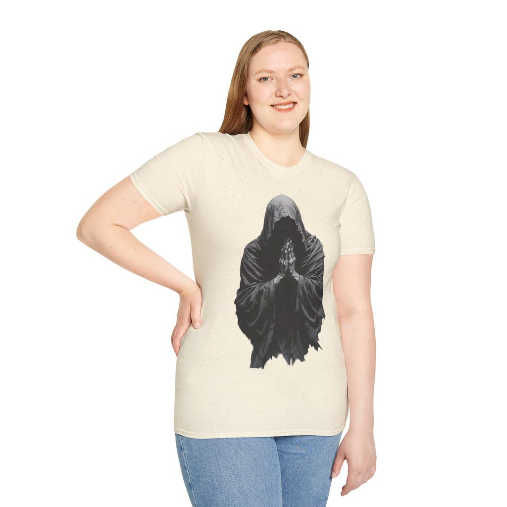 Hooded Figure Prayer T‑Shirt — Gothic Mystical Graphic Tee