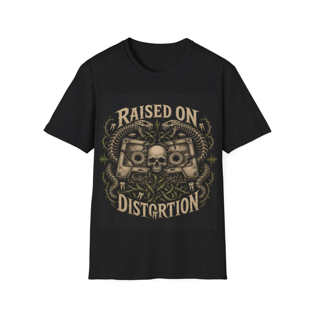 Raised on Distortion Guitar Skull T-Shirt — Vintage Rock Biker Tee
