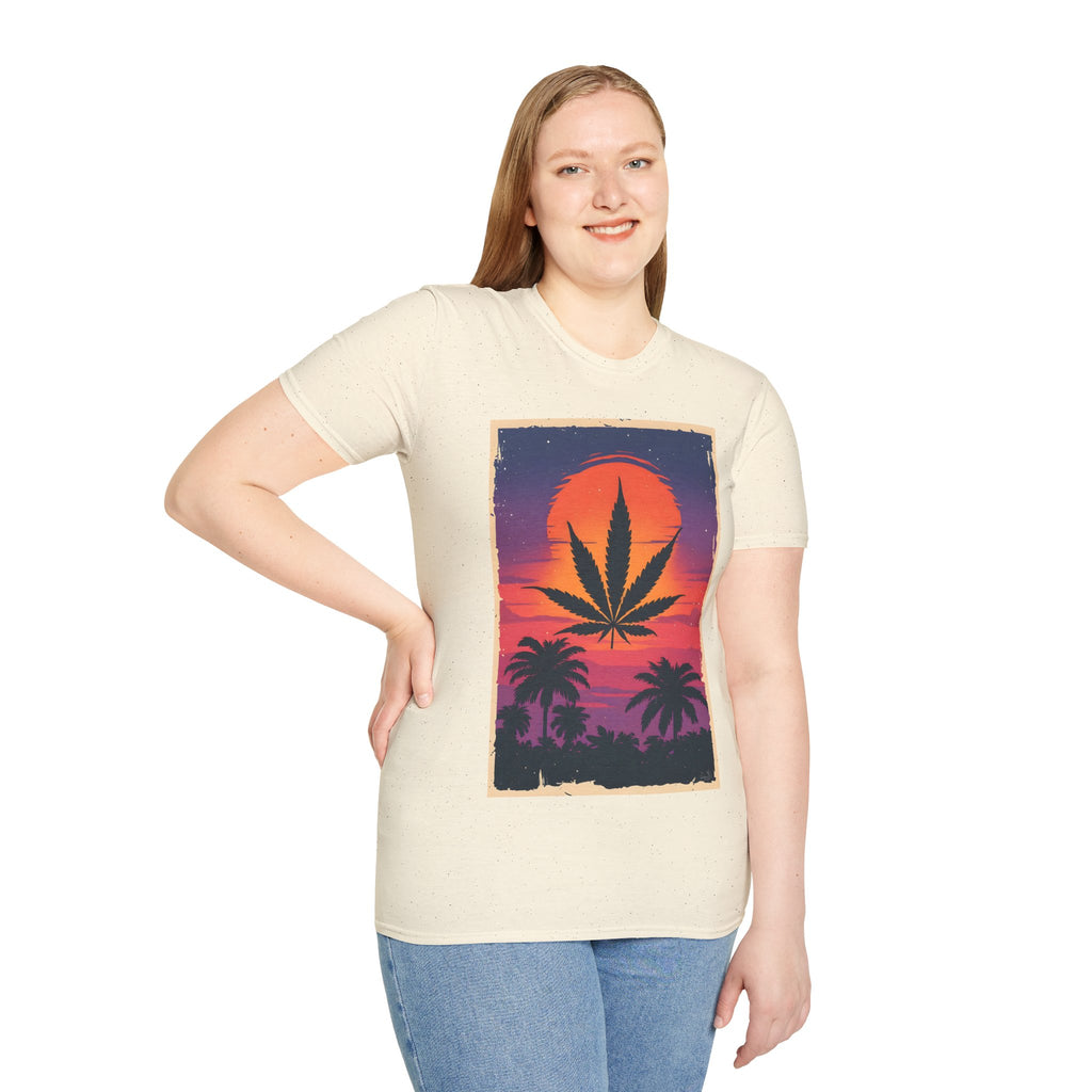 Cannabis Sunset T-Shirt — Retro Palm Leaf Marijuana Graphic Tee