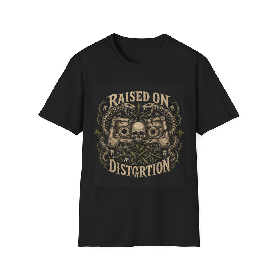 Black T-shirt with Raised on Distortion text and skull speaker graphic, front view.