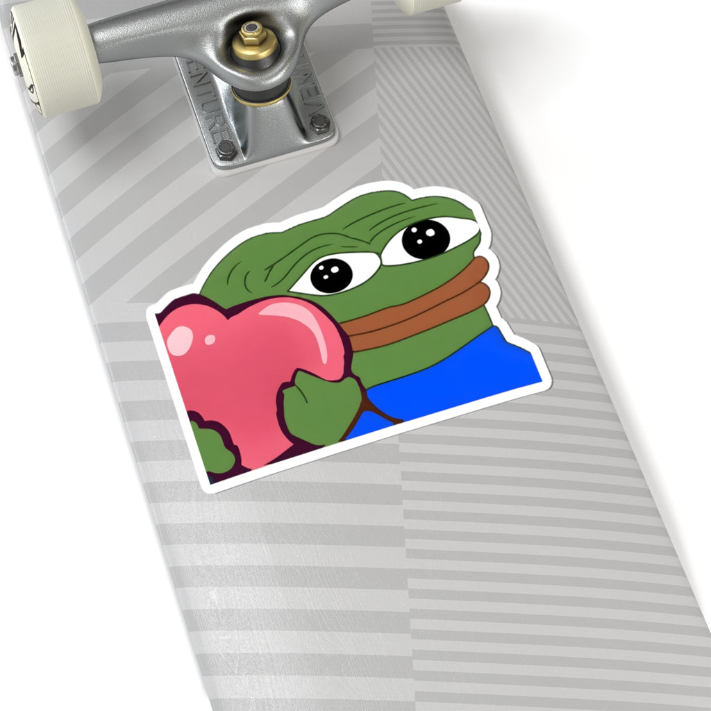 Pepe Heart Sticker — Cute Sad Frog Holding Pink Heart Kiss-Cut Sticker