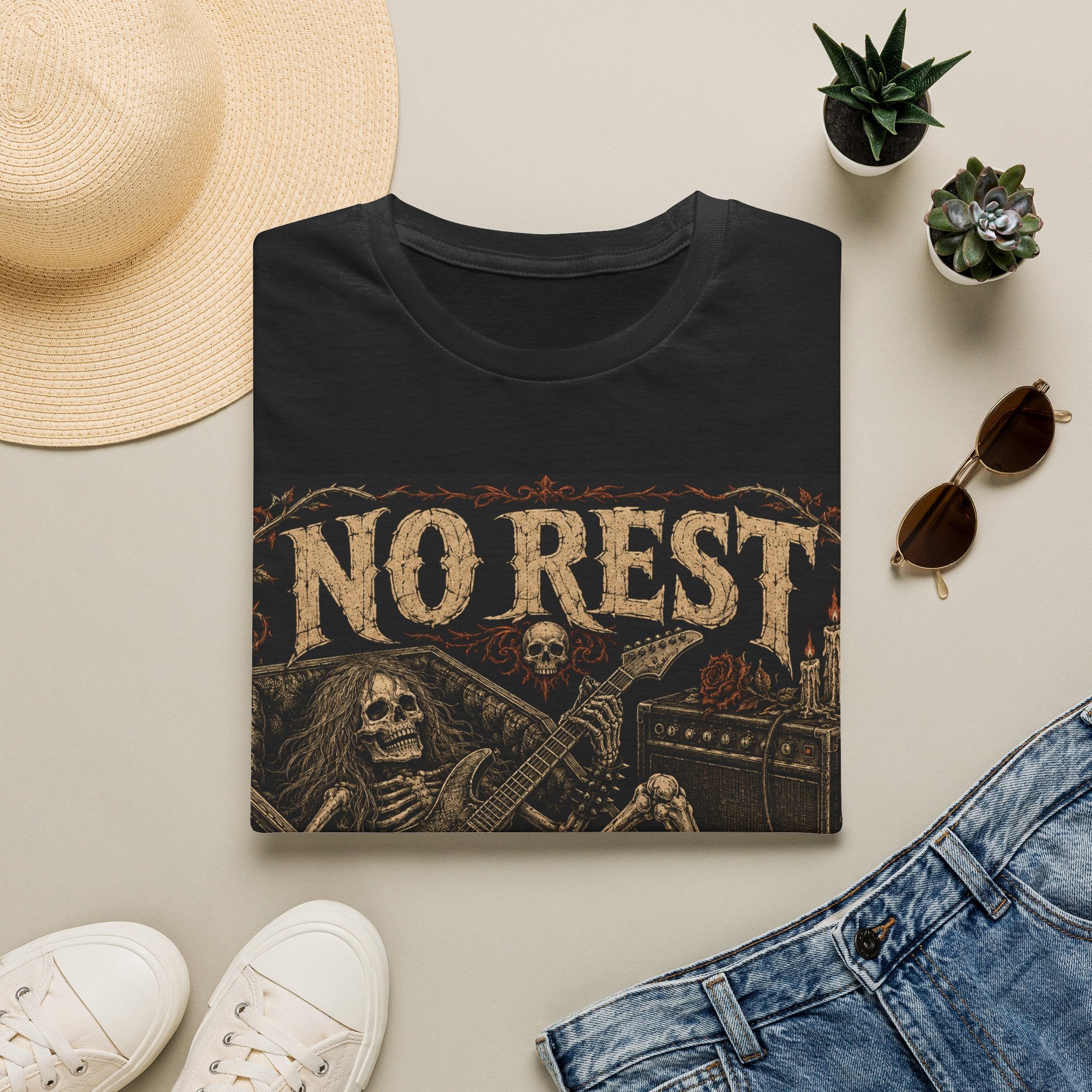 No Rest For the Riffed T-Shirt — Vintage Rock Guitar Skeleton Tee
