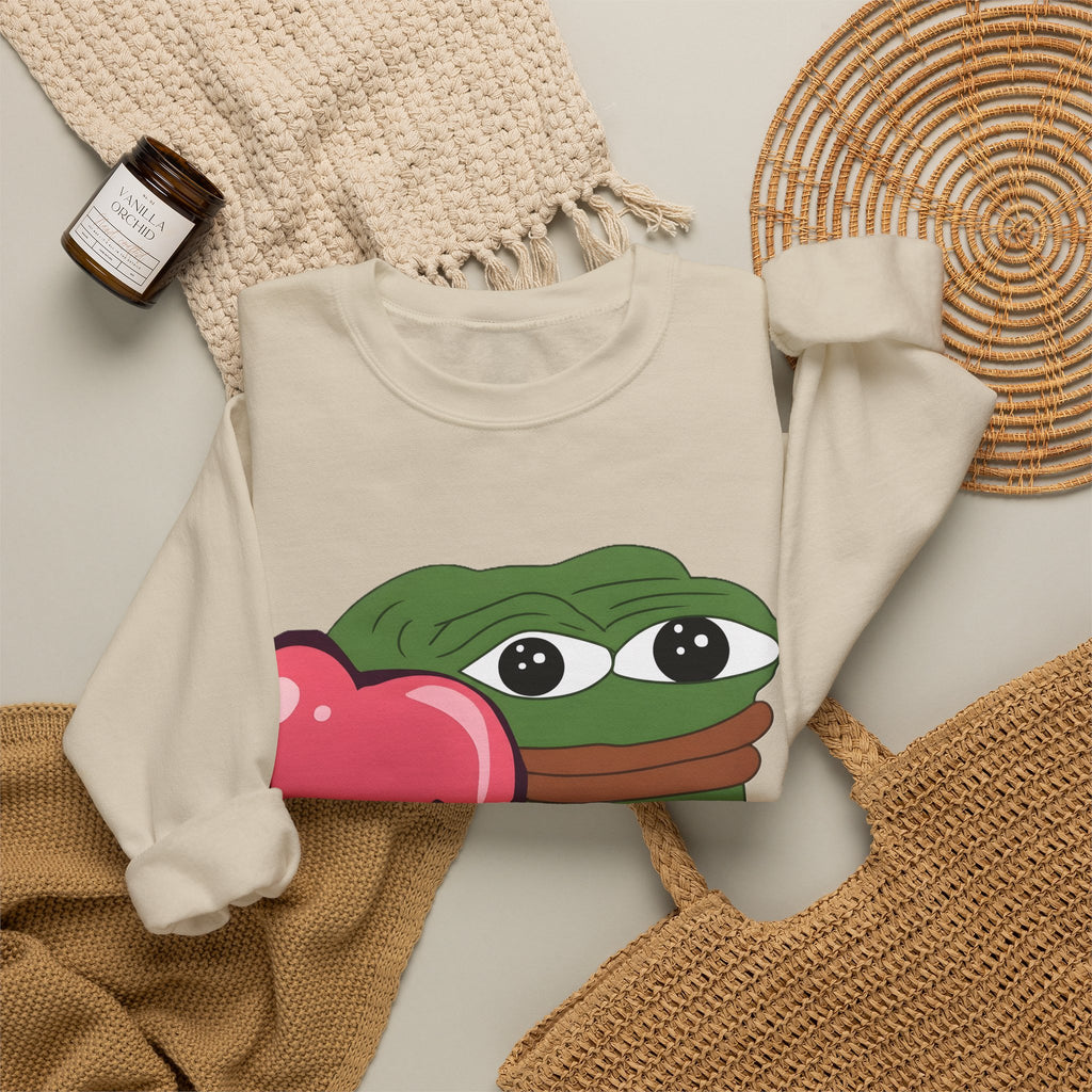 Pepe Heart Crewneck Sweatshirt - Cute Pepe Holding Pink Heart Graphic