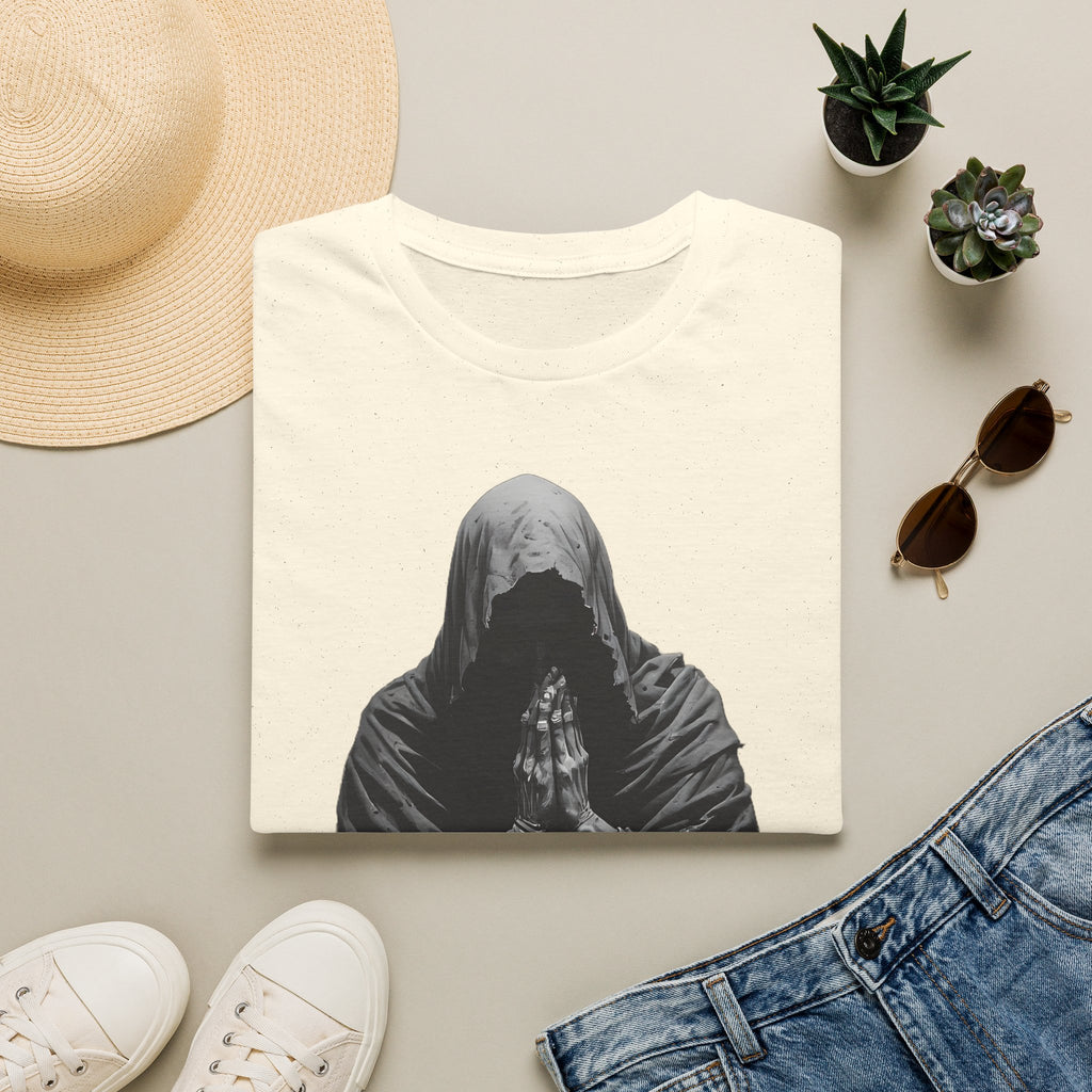 Hooded Figure Prayer T‑Shirt — Gothic Mystical Graphic Tee