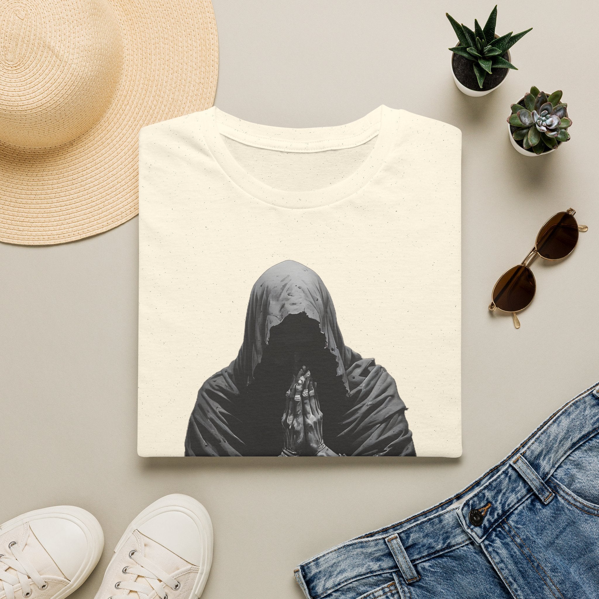 Hooded Figure Prayer T‑Shirt — Gothic Mystical Graphic Tee