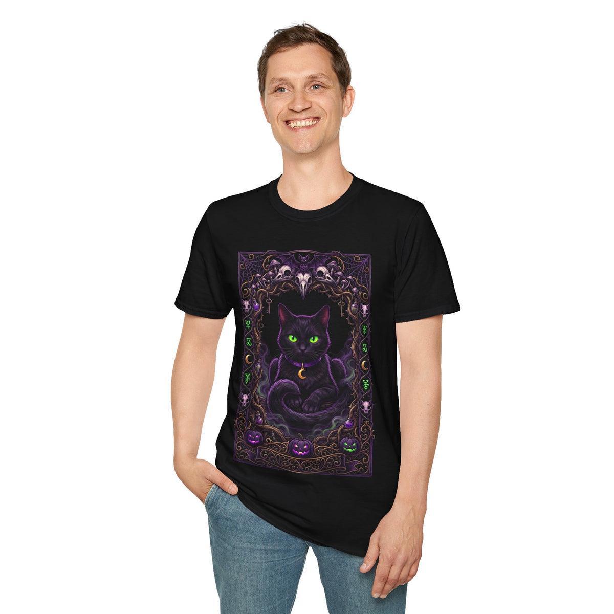 Mystic Green-Eyed Cat Tee - Gothic Occult Cat Graphic T-Shirt