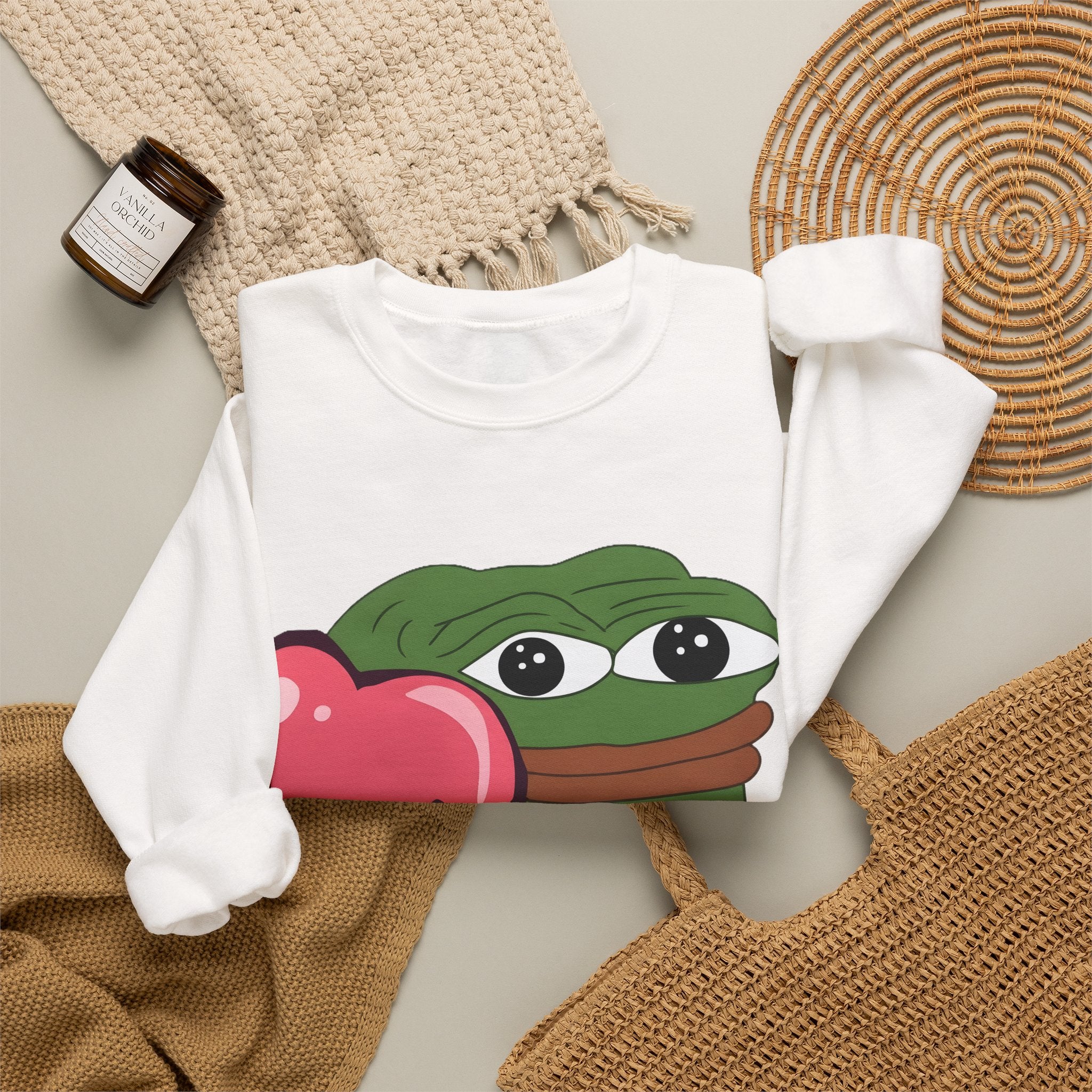 Pepe Heart Crewneck Sweatshirt - Cute Pepe Holding Pink Heart Graphic