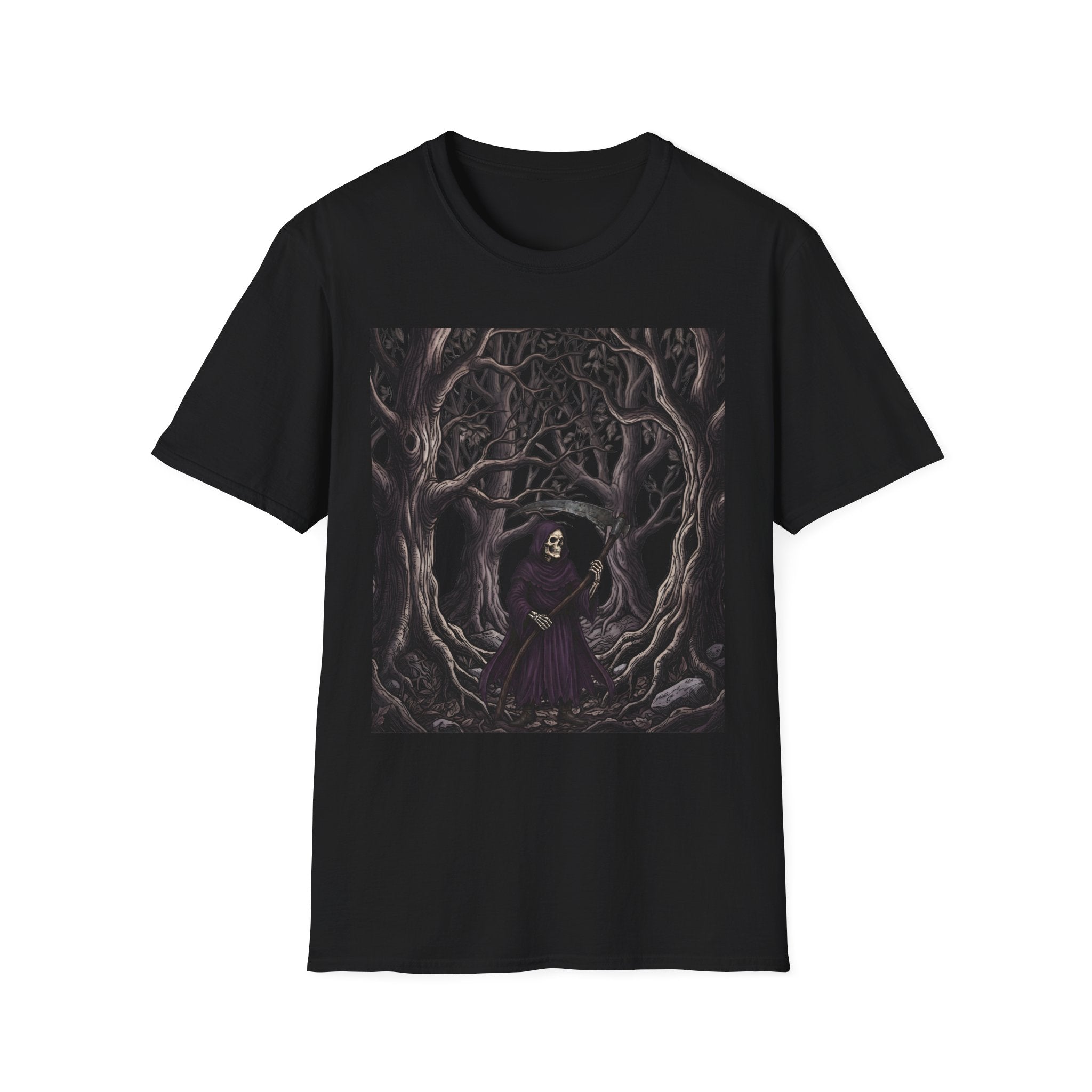 roam the woods t shirt gothic dark fantasy grim reaper design, product image showing the garment or product detail.