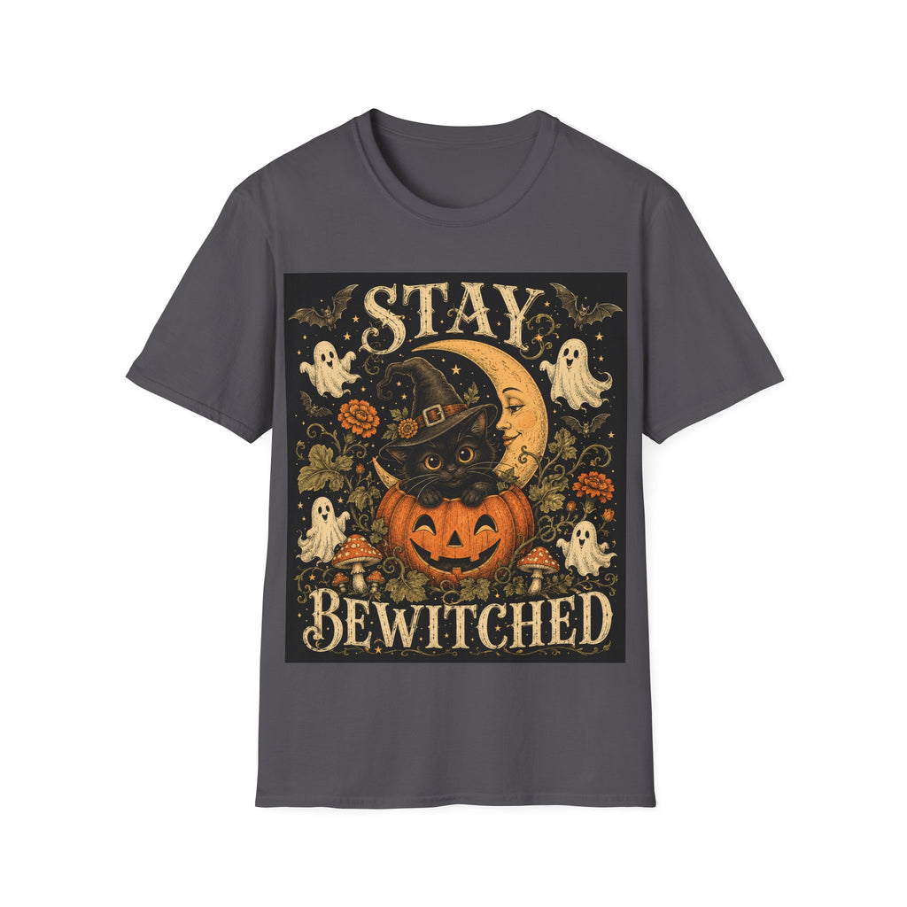 Halloween 'Stay Bewitched' T‑Shirt — Vintage Moon, Black Cat & Pumpkin Design