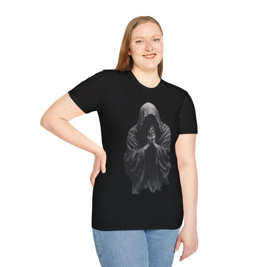Hooded Figure Prayer T‑Shirt — Gothic Mystical Graphic Tee