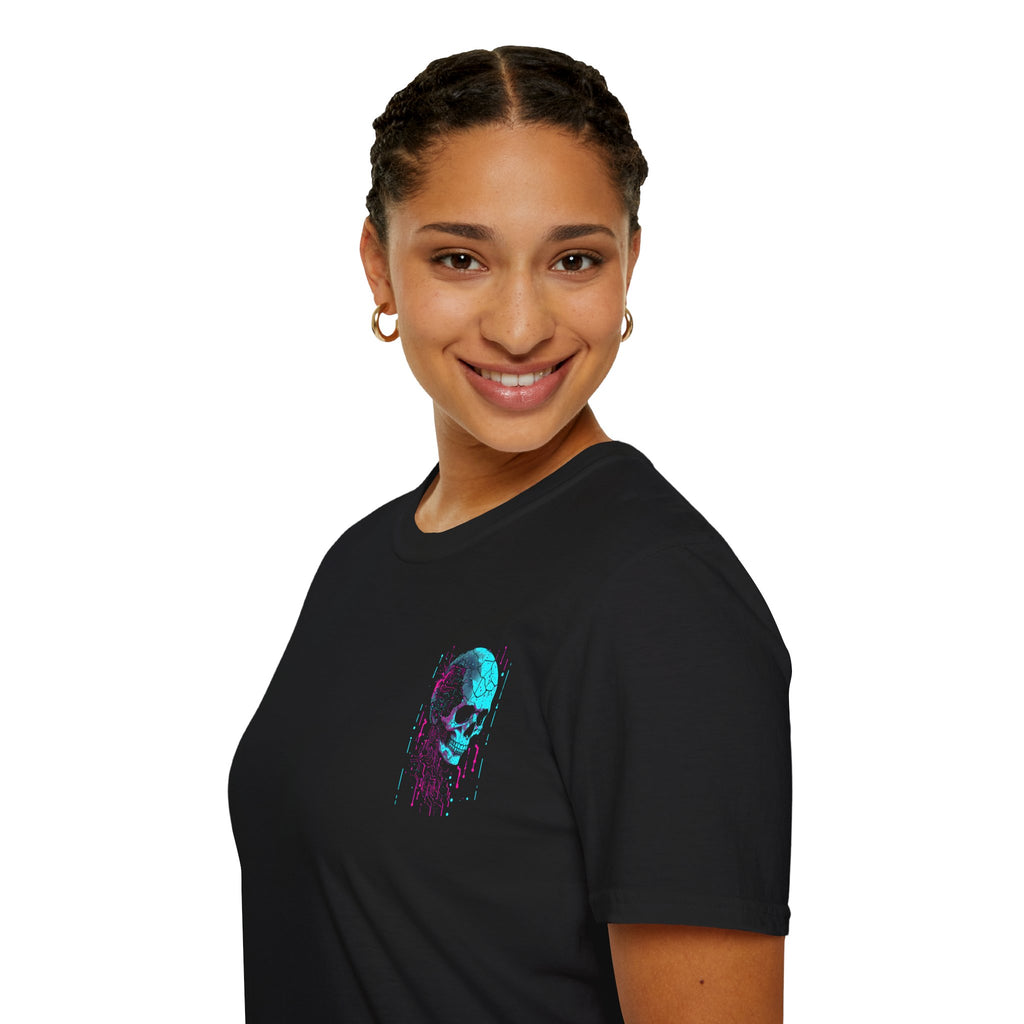 Skull Glitch T-Shirt — Neon Cyberpunk Pocket Graphic