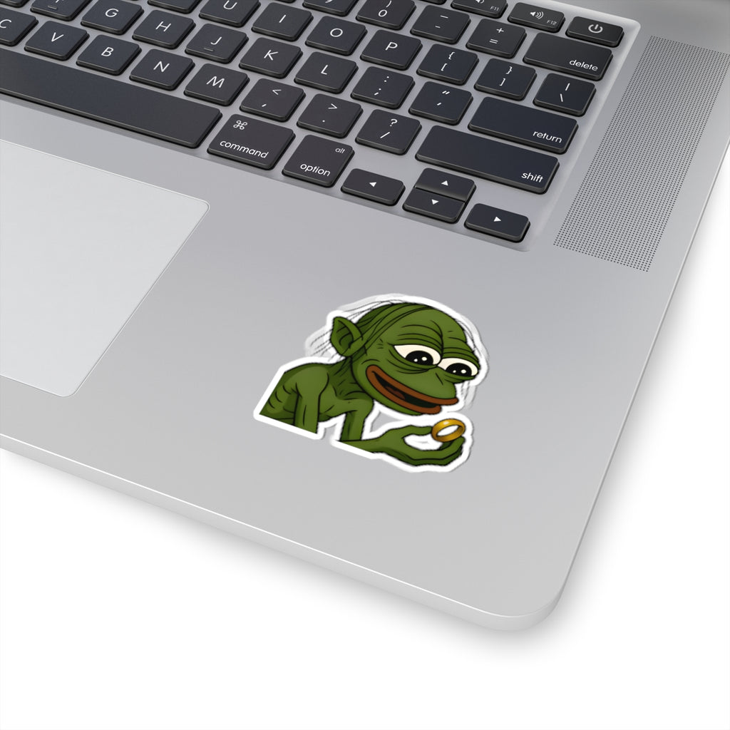 Pepe Gollum Sticker — Funny Green Character Holding Ring Kiss-Cut Sticker