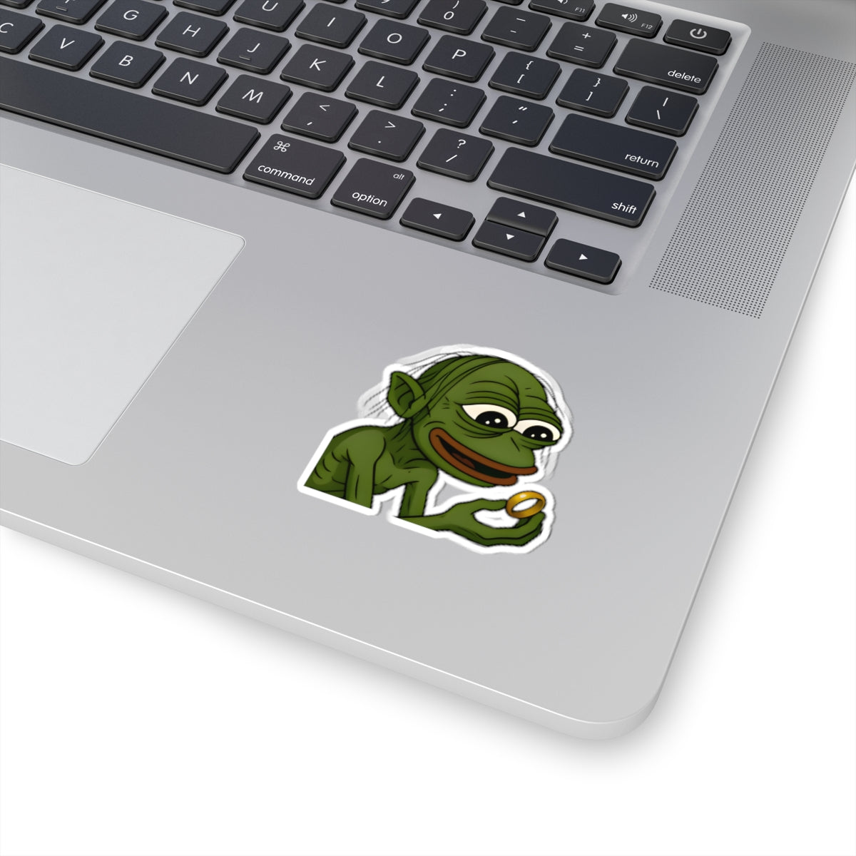 Pepe Gollum Sticker — Funny Green Character Holding Ring Kiss-Cut Sticker
