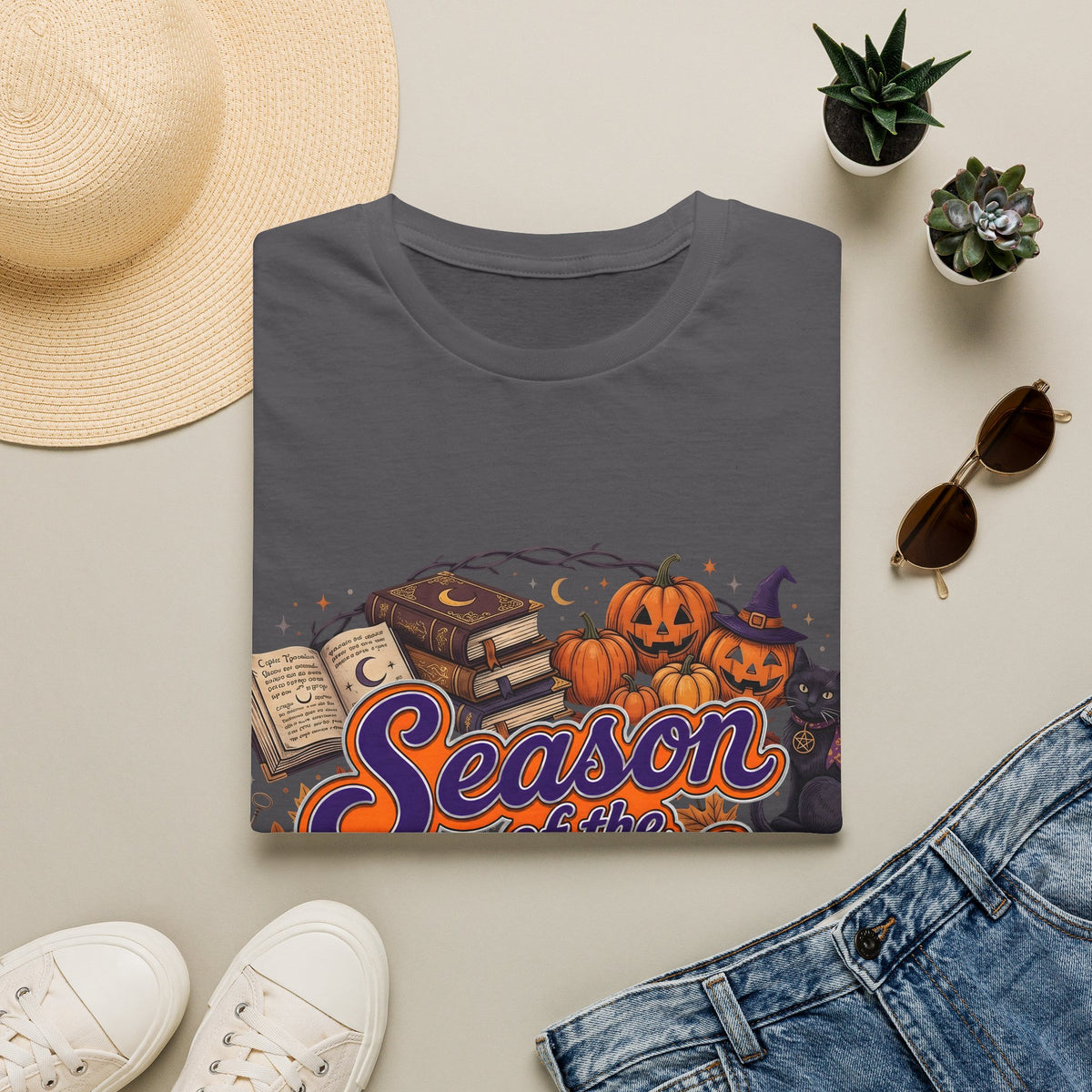 Season of the Witch Halloween T-Shirt — Pumpkin, Witch Hat & Spellbook Tee