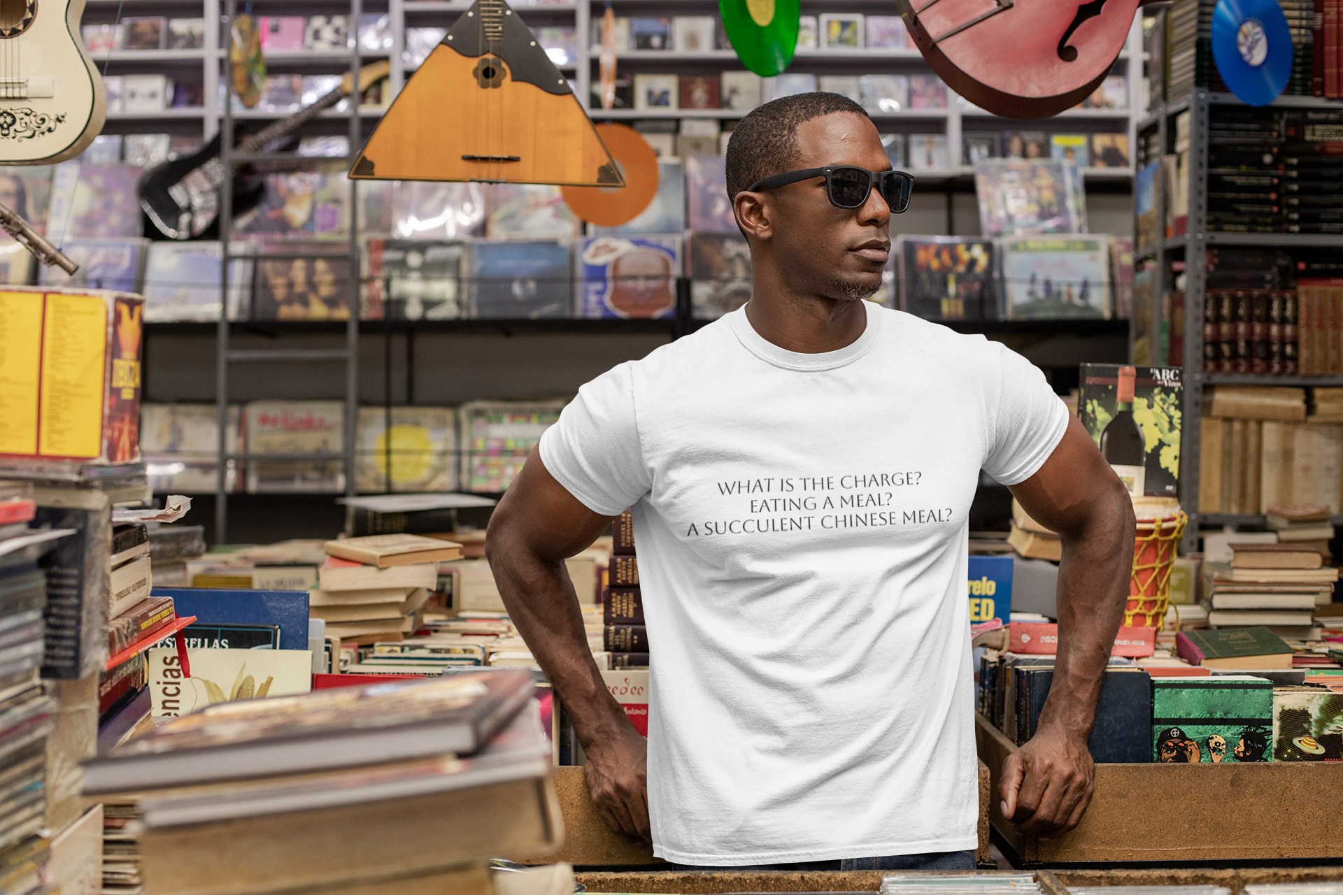 T-Shirt — "What Is The Charge? Eating a Meal? Succulent Chinese Meal" Minimal Quote Tee