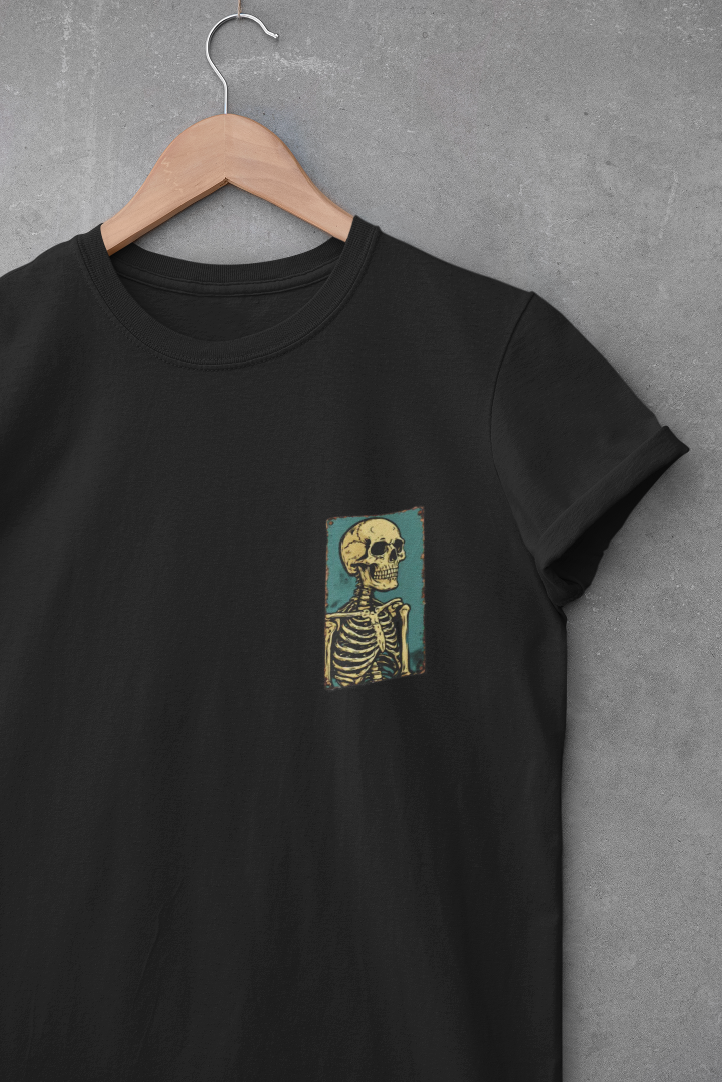Vintage Yellow Skeleton Pocket T‑Shirt — Retro Anatomical Skull Tee