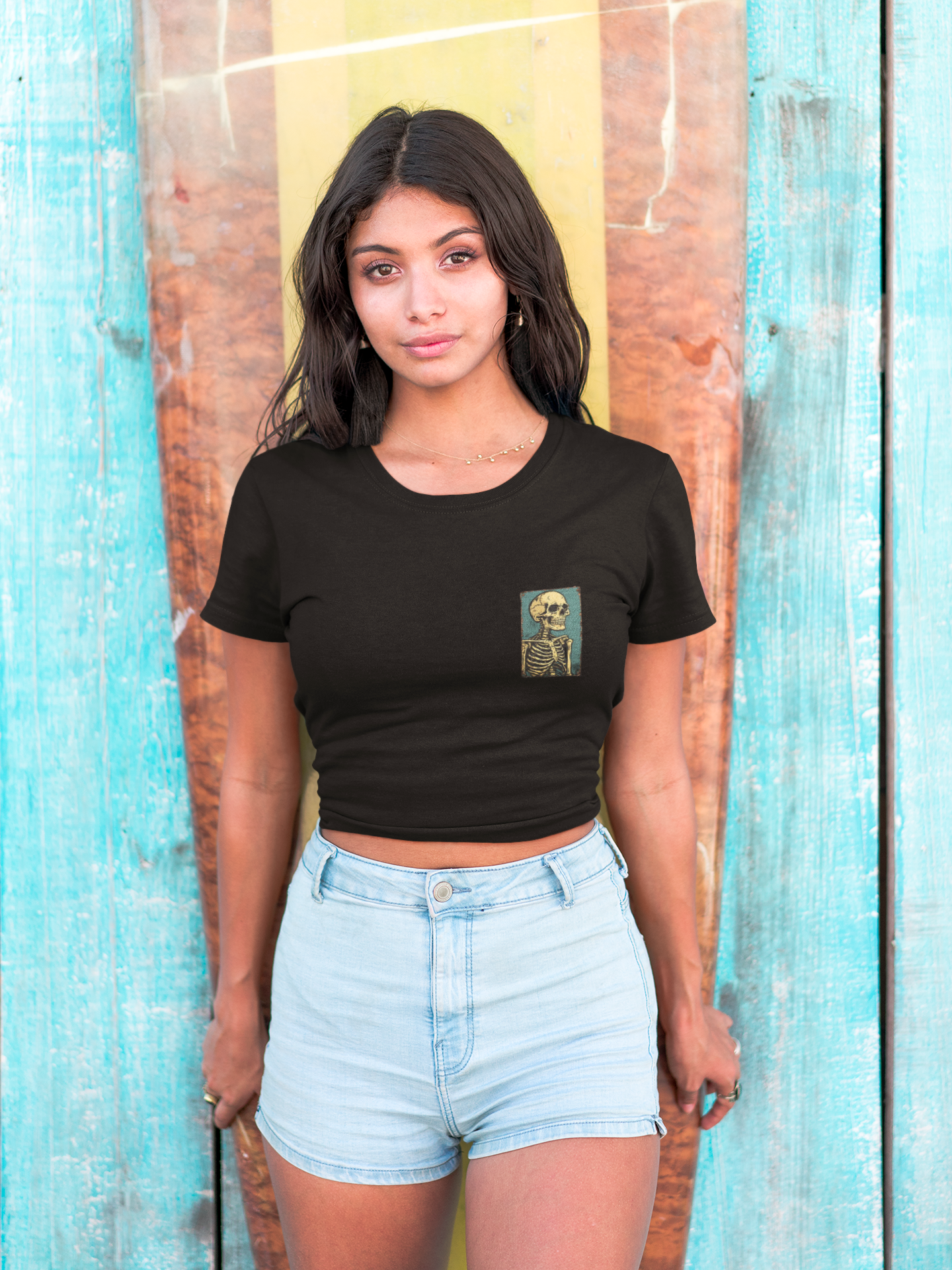 Vintage Yellow Skeleton Pocket T‑Shirt — Retro Anatomical Skull Tee